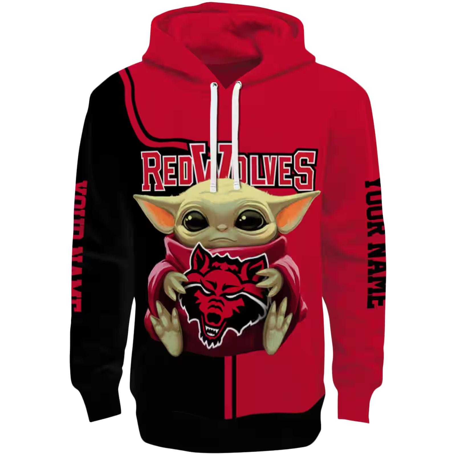 Customized Arkansas State Red Wolves Baby Yoda Scarlet Black Hoodie