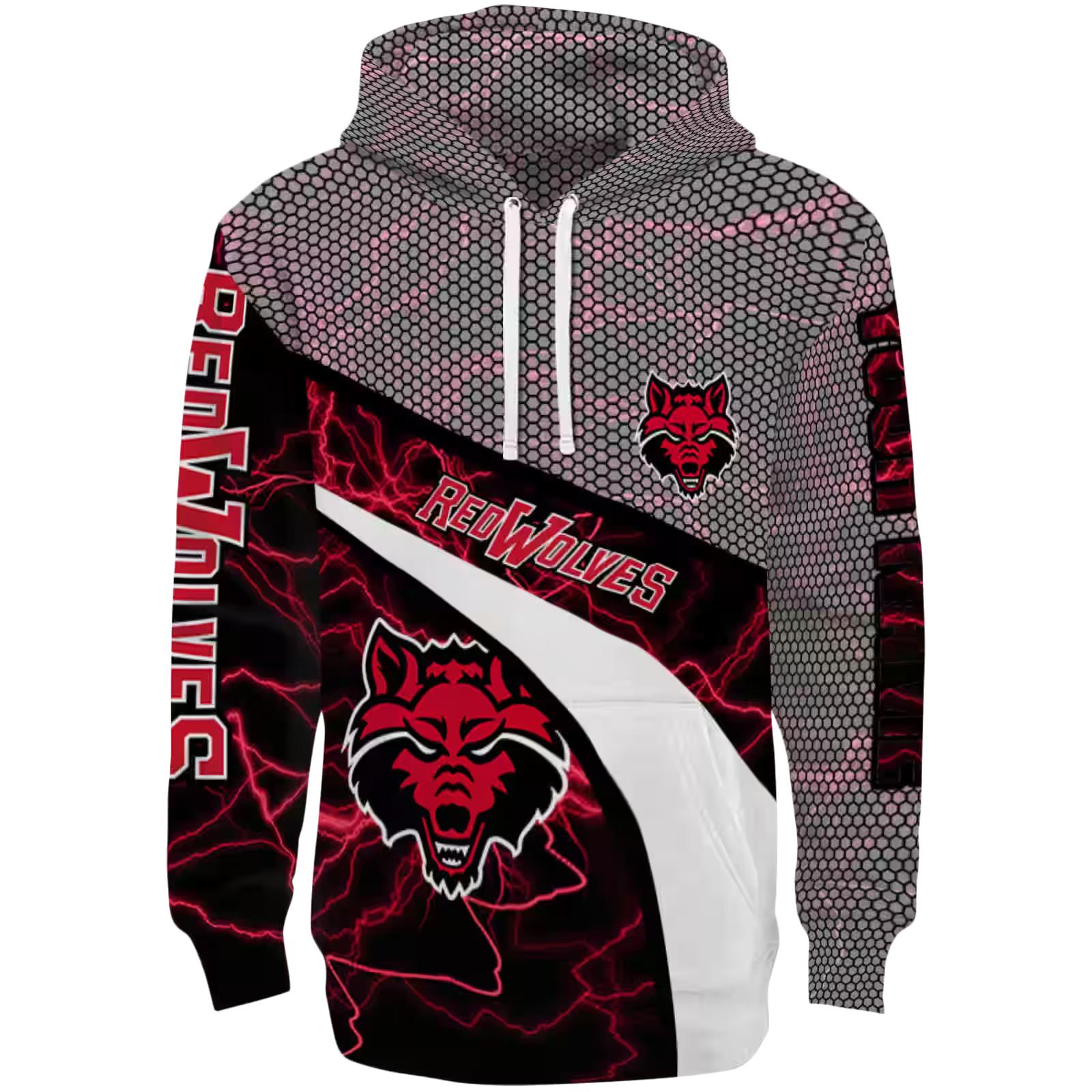 Customized Arkansas State Red Wolves Hexagonal Mesh Scarlet Black Gray Hoodie