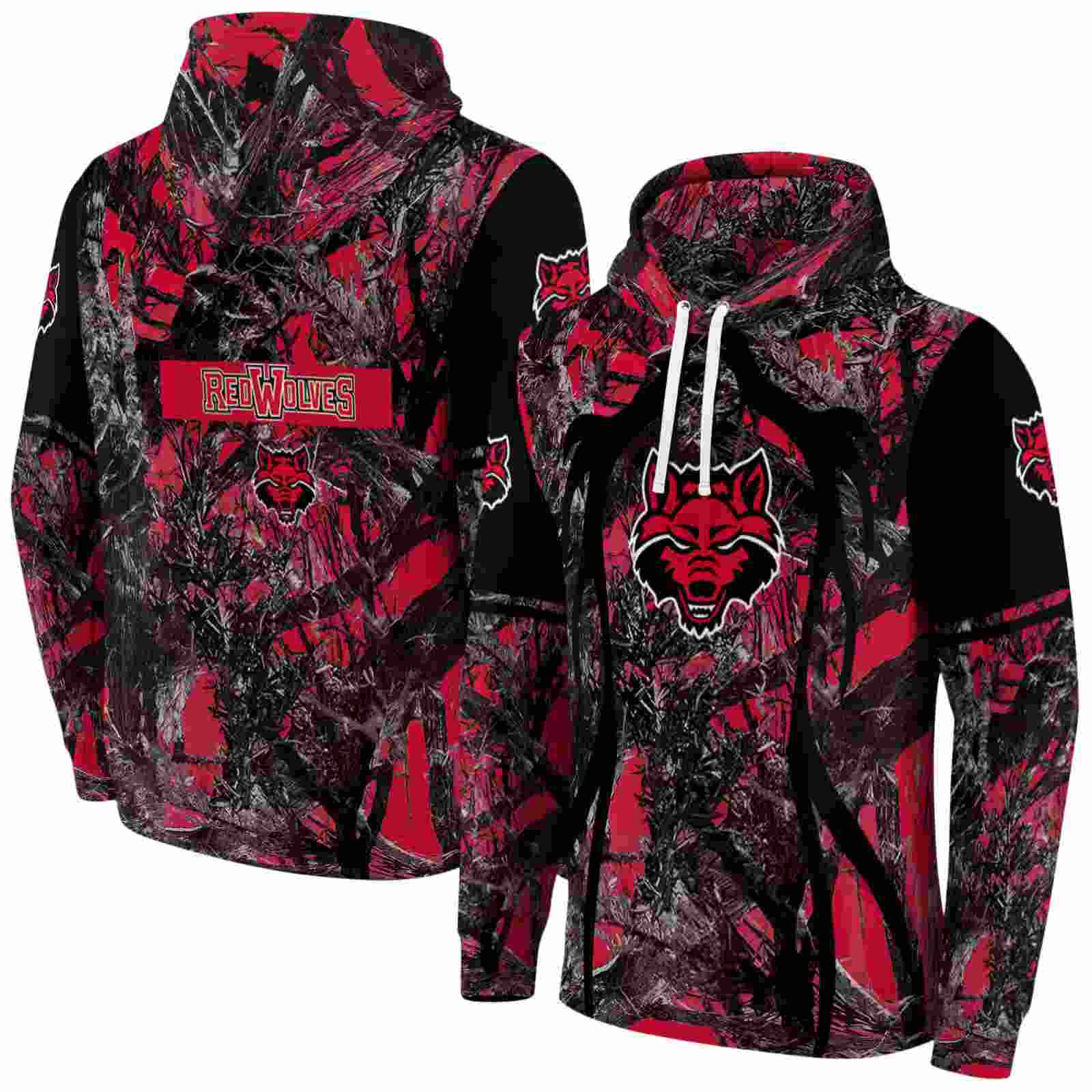 customized arkansas state red wolves hunting theme scarlet black hoodie fashion forward