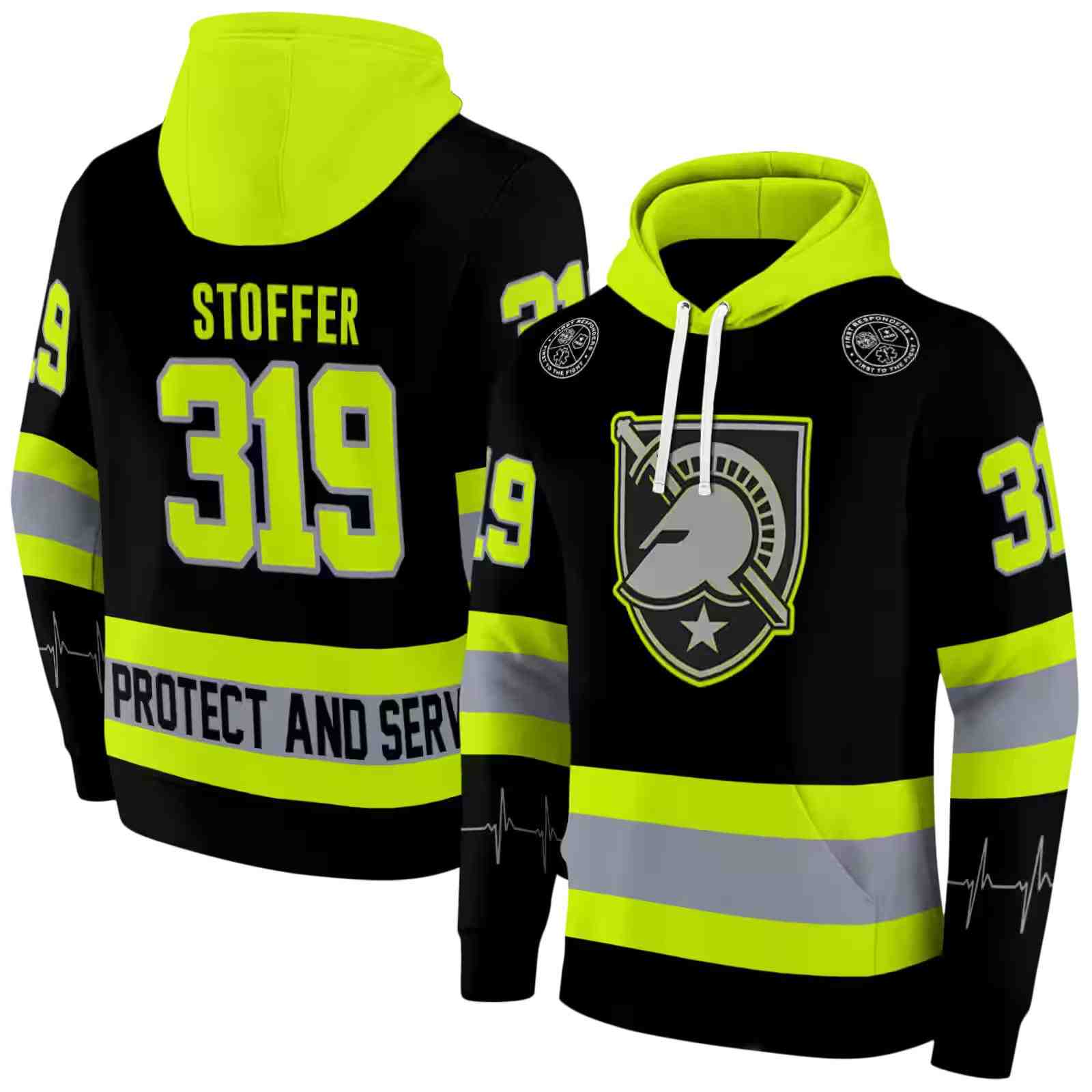 customized army black knights safety motif black neon green hoodie fashion forward