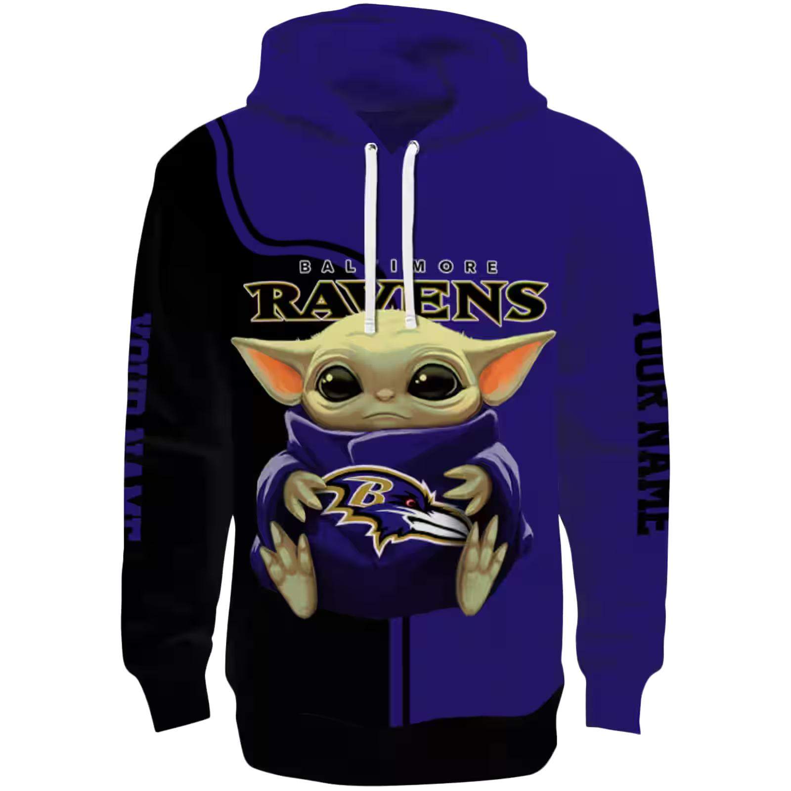 Customized Baltimore Ravens Baby Yoda Purple Black Hoodie