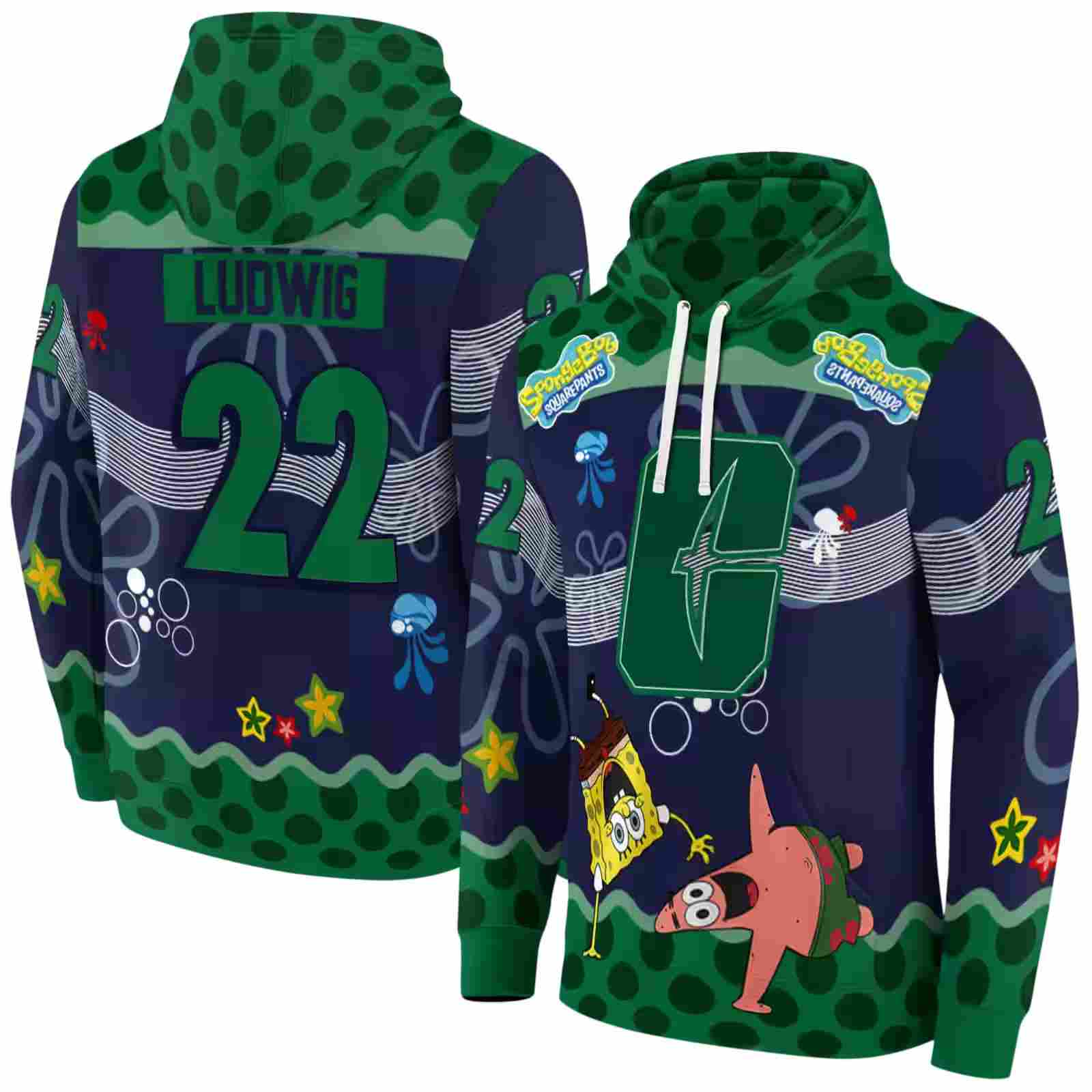customized charlotte 49ers spongebob patrick star green navy hoodie fashion forward