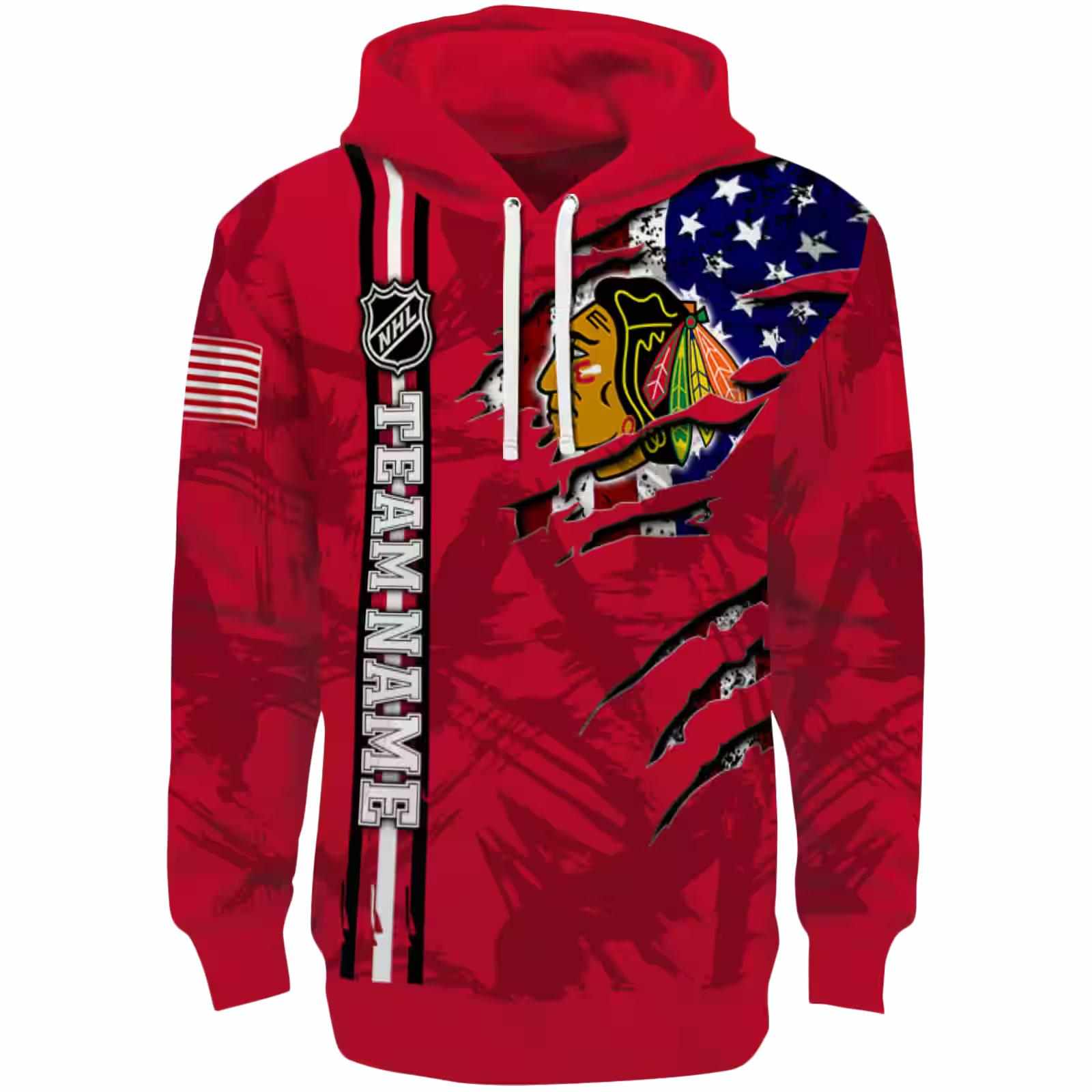 Customized Chicago Blackhawks Ripped Flag Red Hoodie