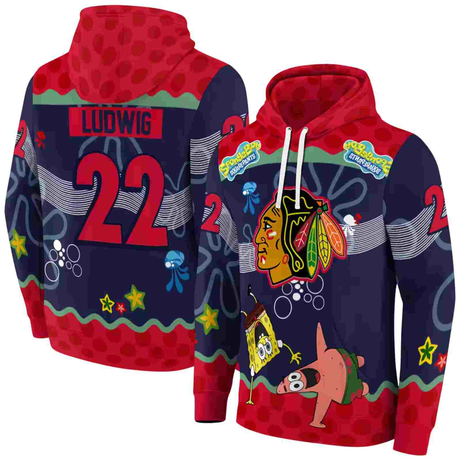 customized chicago blackhawks spongebob patrick star red navy hoodie fashion forward