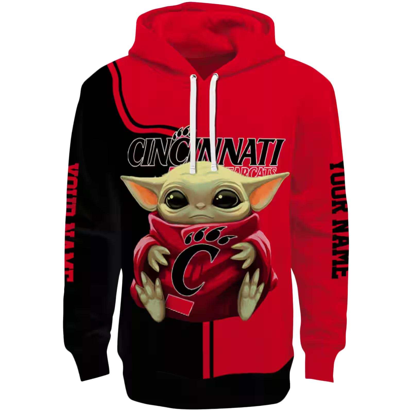 Customized Cincinnati Bearcats Baby Yoda Red Black Hoodie