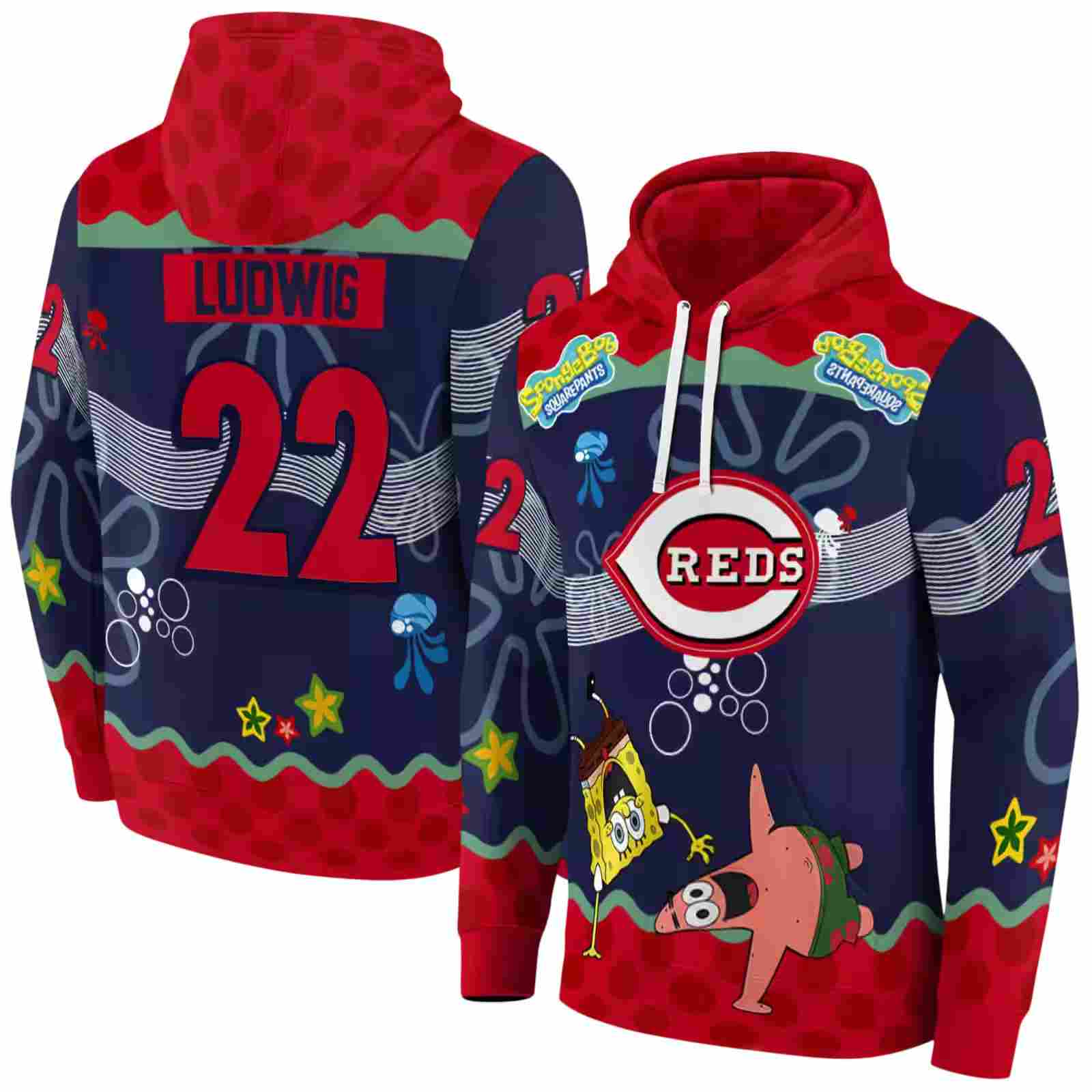 customized cincinnati reds spongebob patrick star red navy hoodie fashion forward