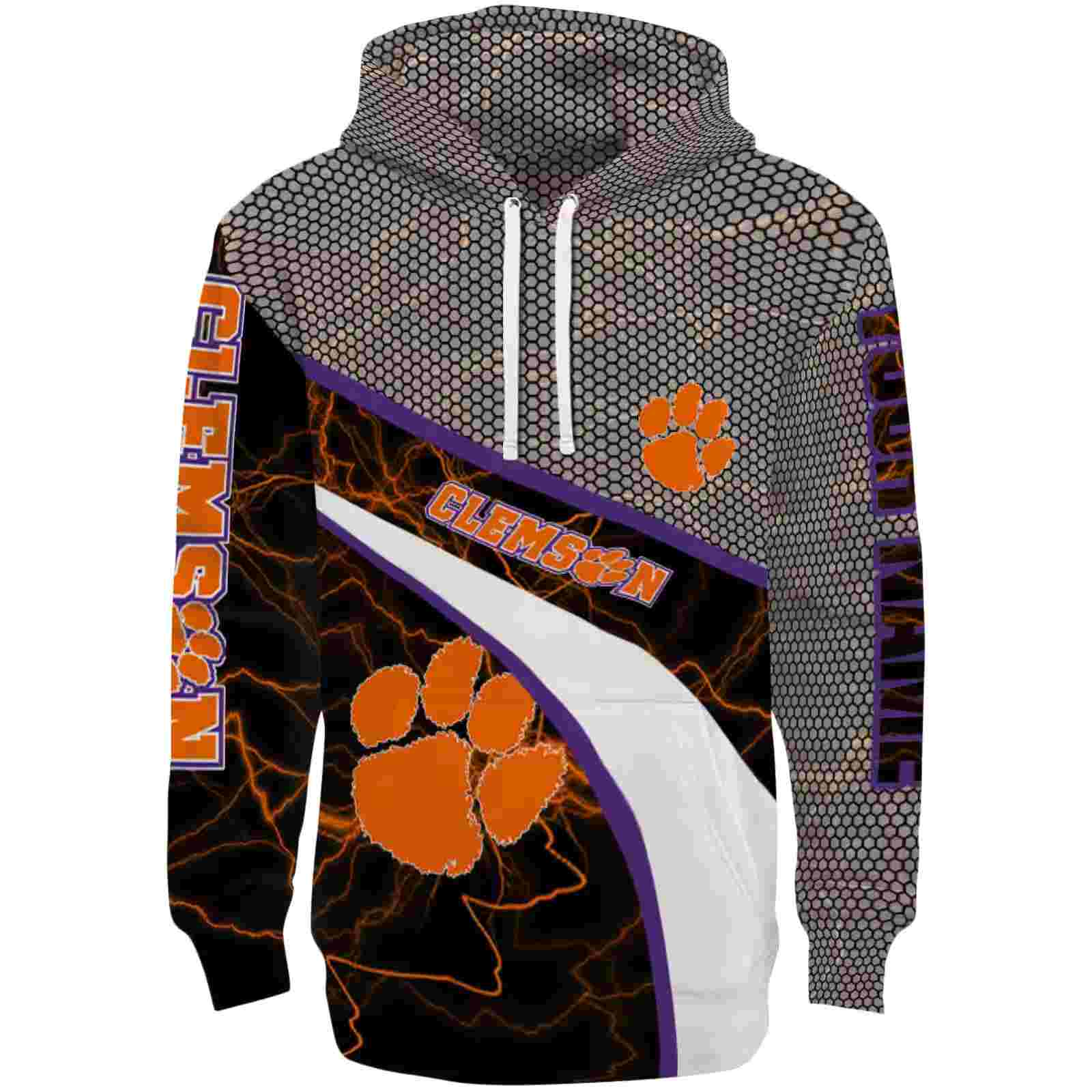 Customized Clemson Tigers Hexagonal Mesh Orange Black Gray Hoodie