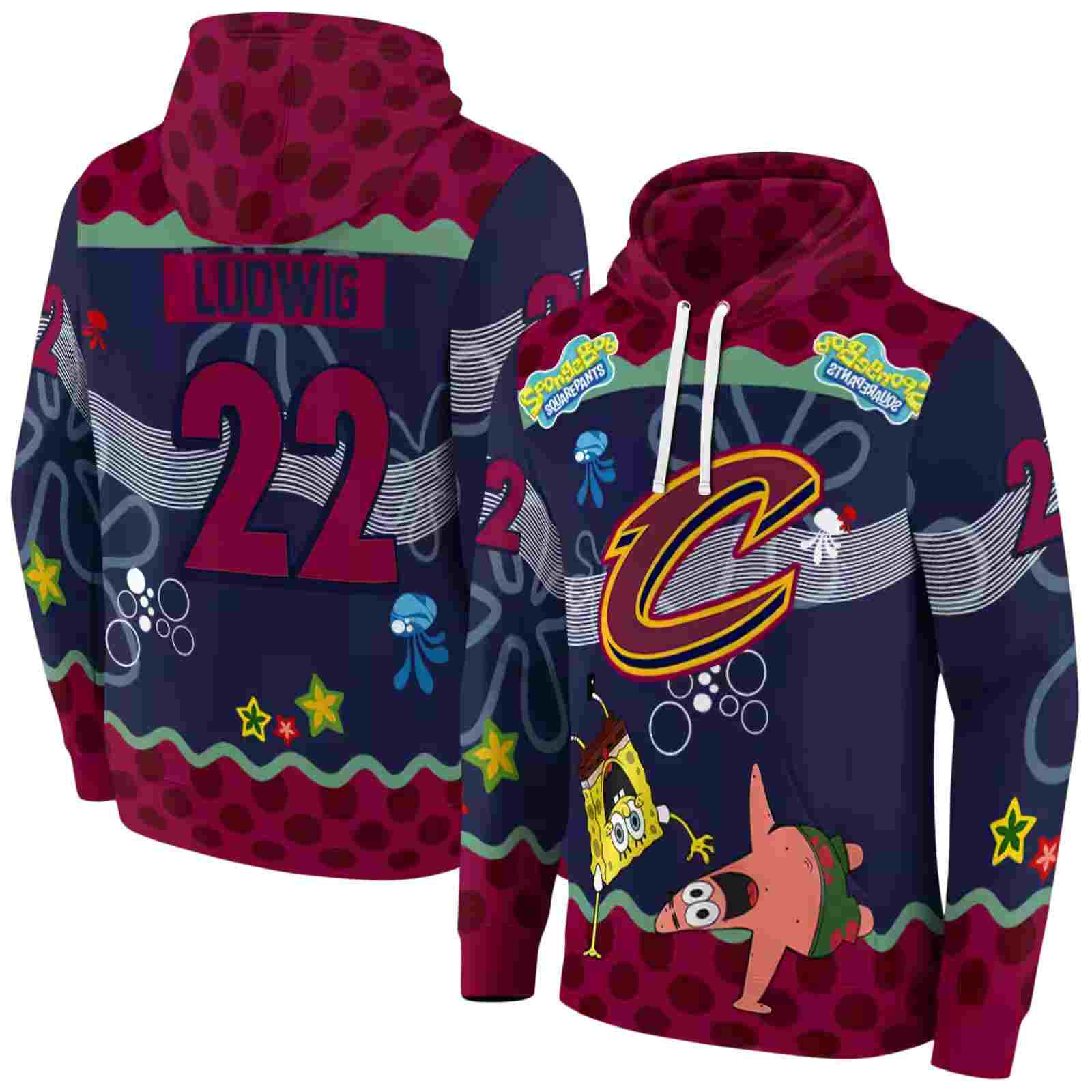 customized cleveland cavaliers spongebob patrick star wine navy hoodie fashion forward