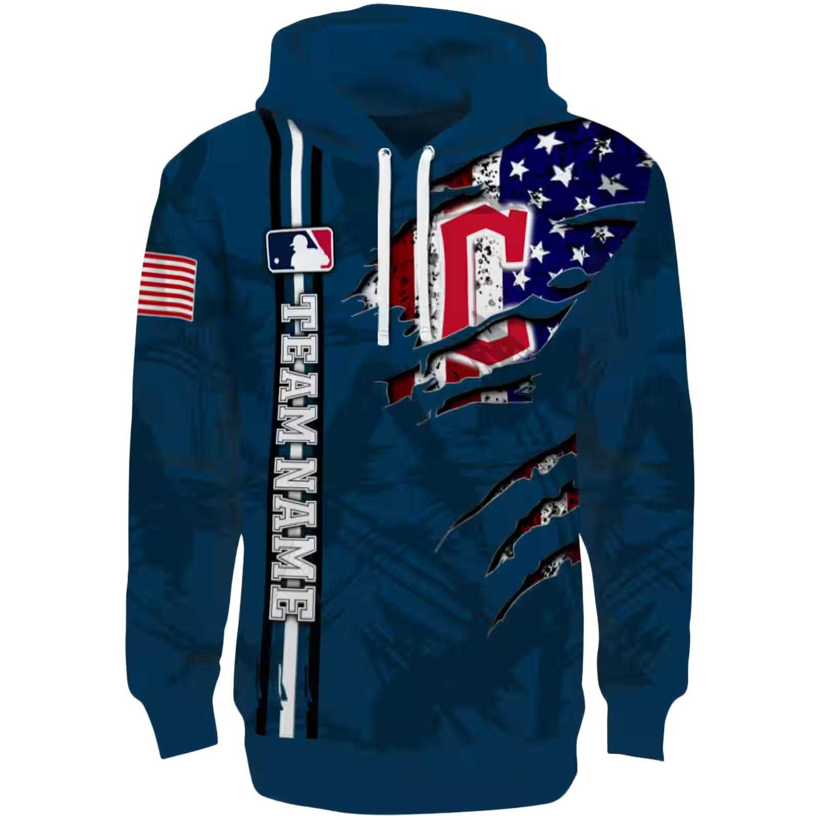 Customized Cleveland Guardians Ripped Flag Navy Blue Hoodie