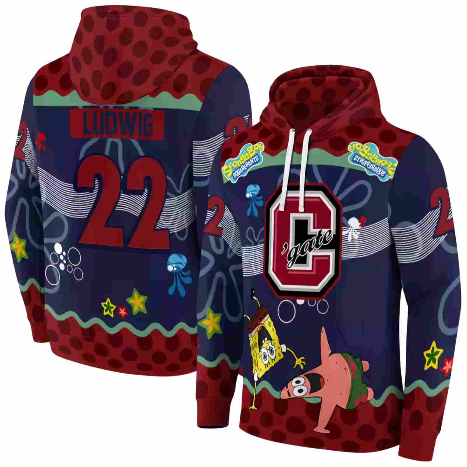 customized colgate raiders spongebob patrick star maroon navy hoodie fashion forward