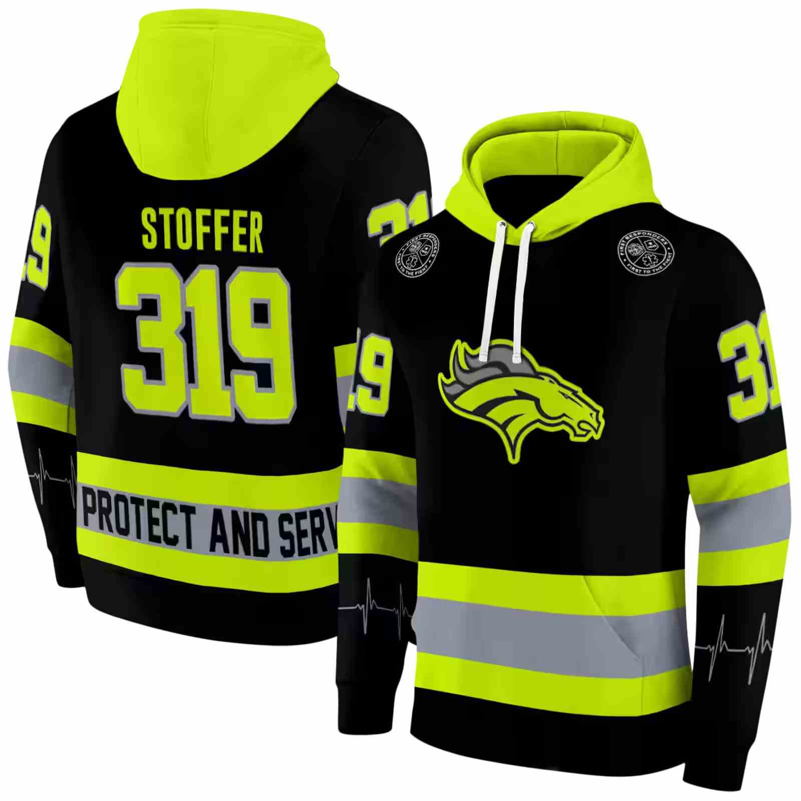 customized denver broncos safety motif black neon green hoodie fashion forward