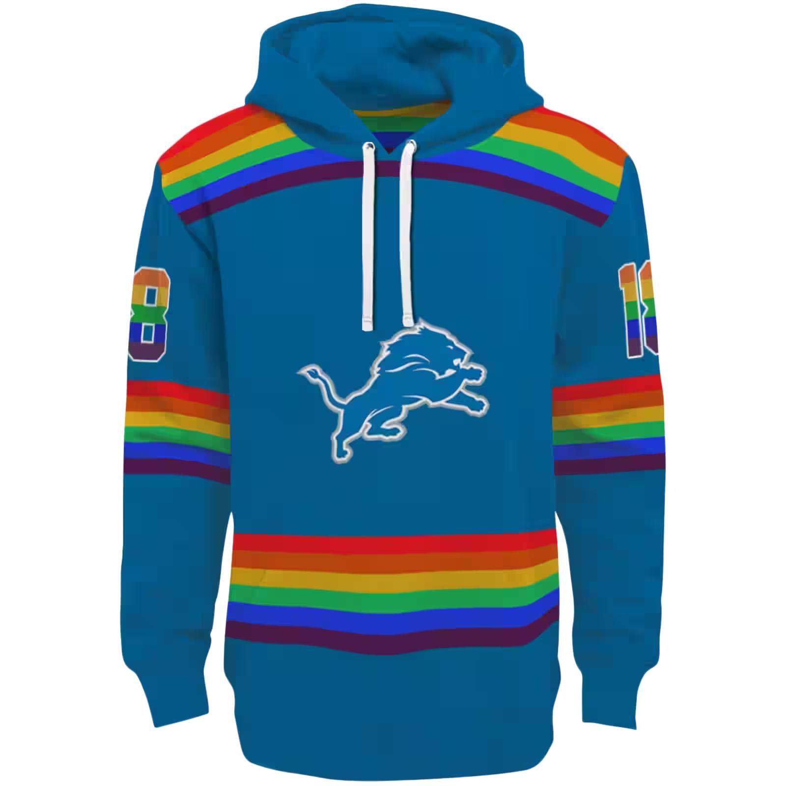 Customized Detroit Lions Rainbow Stripes Blue Hoodie