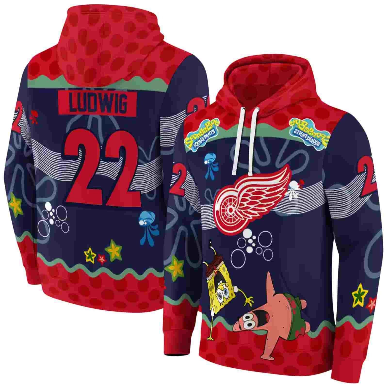 customized detroit red wings spongebob patrick star red navy hoodie fashion forward