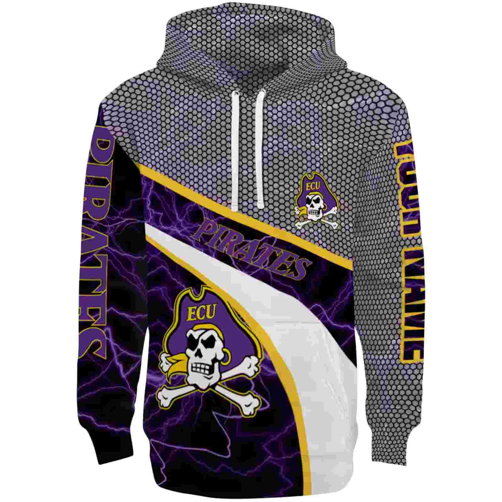 Customized East Carolina Pirates Hexagonal Mesh Purple Black Gray Hoodie