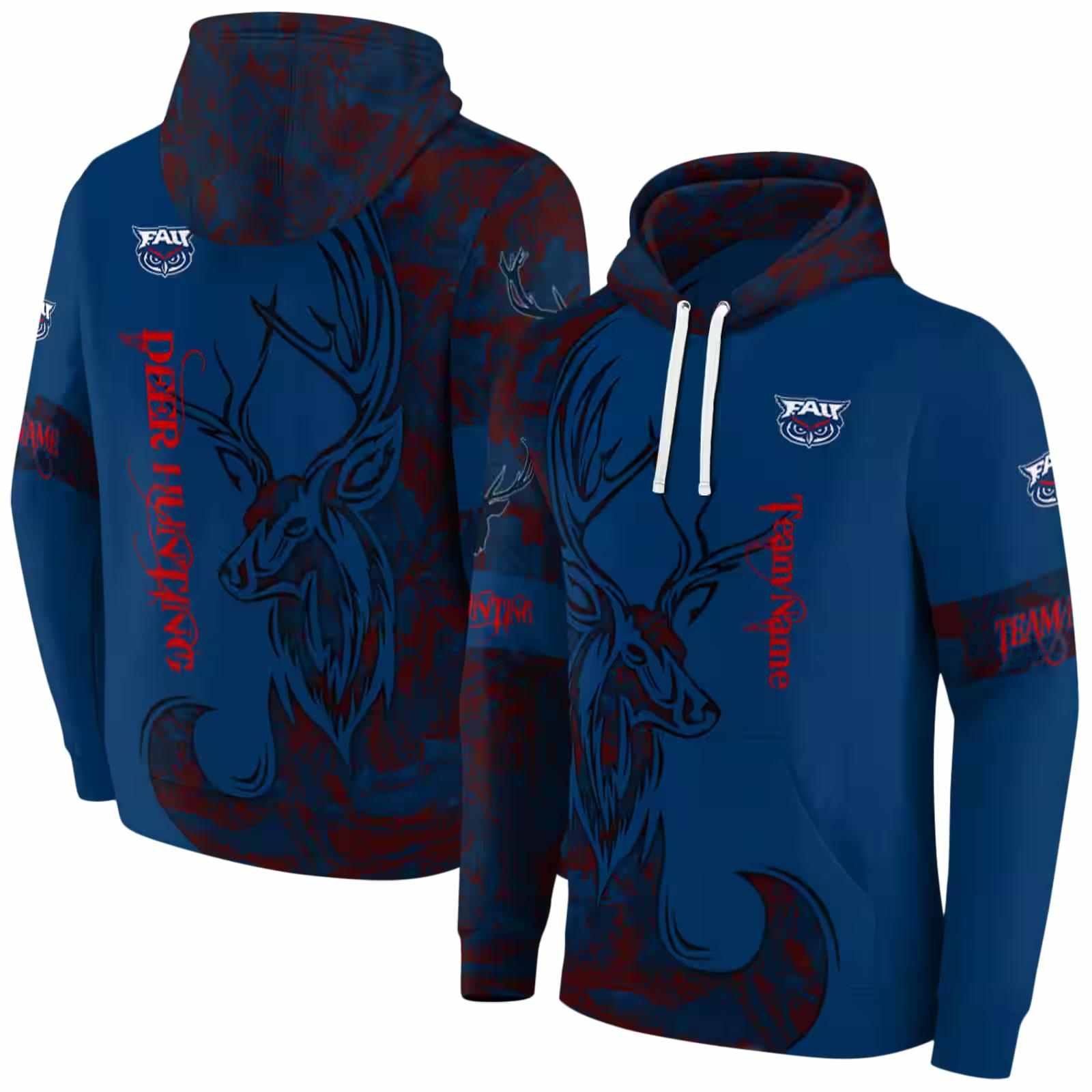 customized florida atlantic owls deer silhouette blue hoodie fashion forward