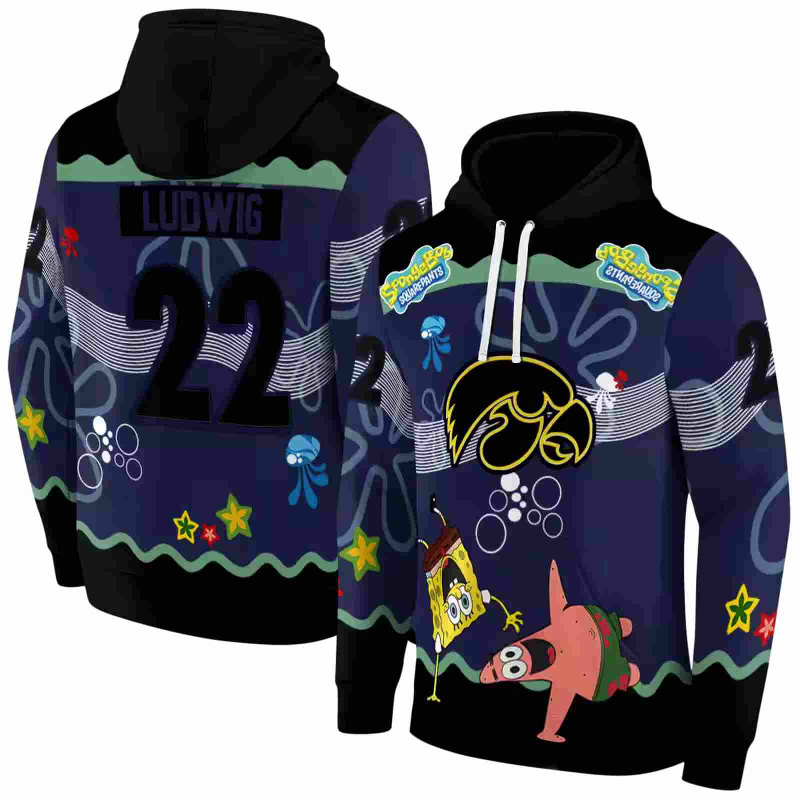 customized iowa hawkeyes spongebob patrick star black navy hoodie fashion forward