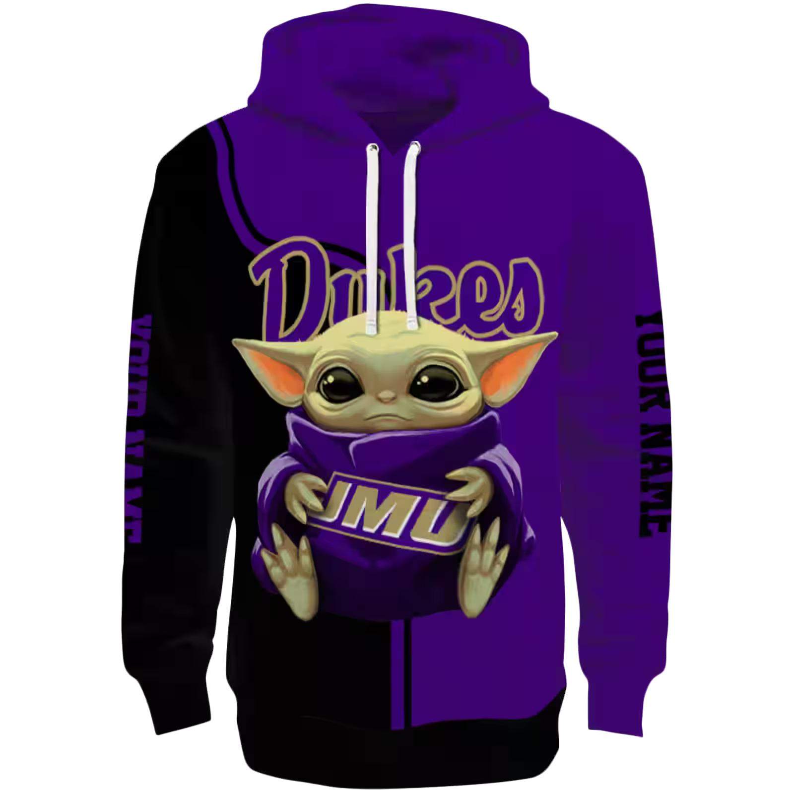 Customized James Madison Dukes Baby Yoda Purple Black Hoodie