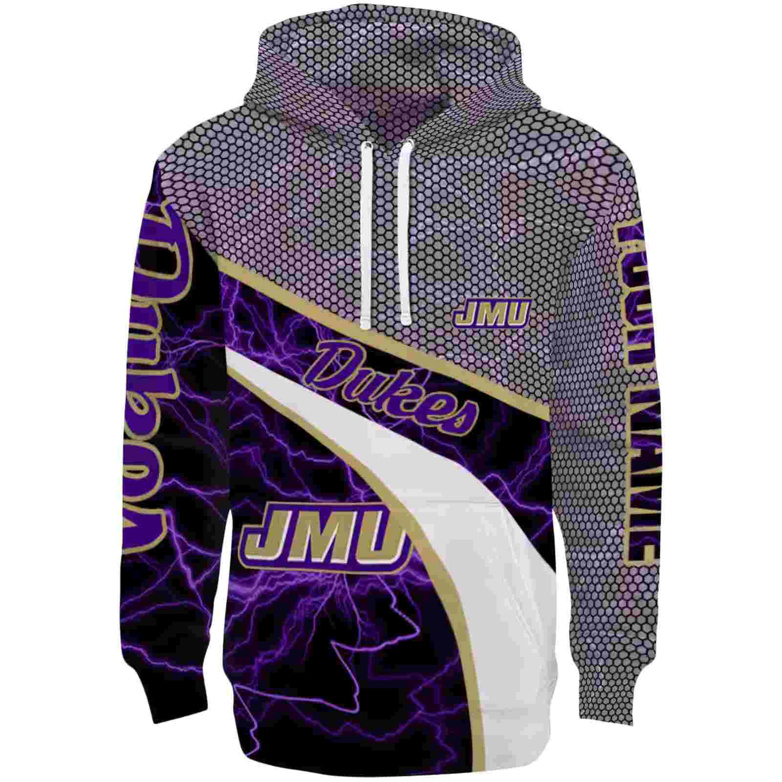 Customized James Madison Dukes Hexagonal Mesh Purple Black Gray Hoodie
