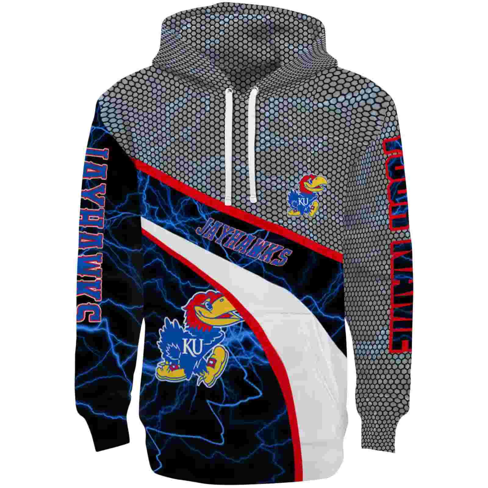 Customized Kansas Jayhawks Hexagonal Mesh Blue Black Gray Hoodie