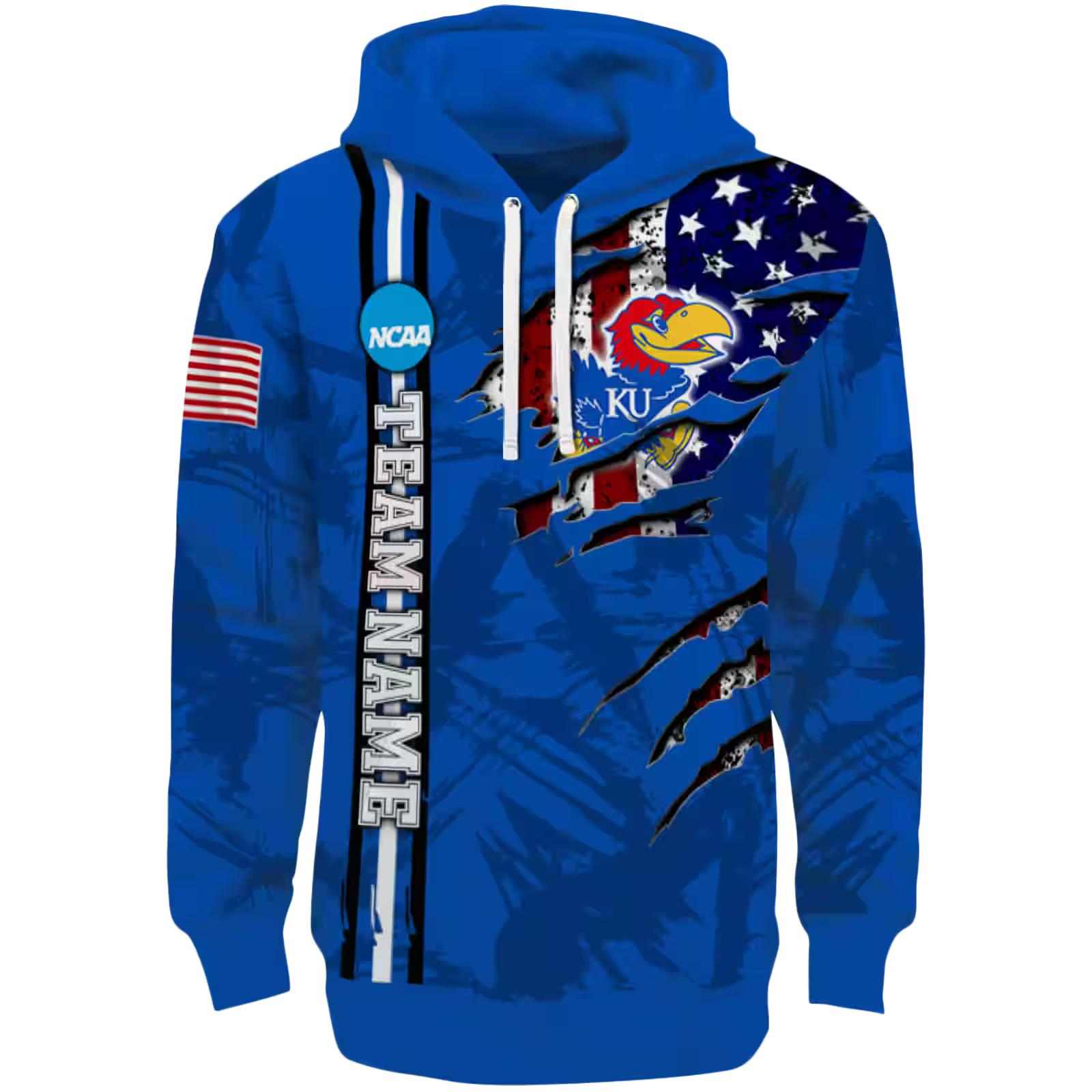 Customized Kansas Jayhawks Ripped Flag Blue Hoodie