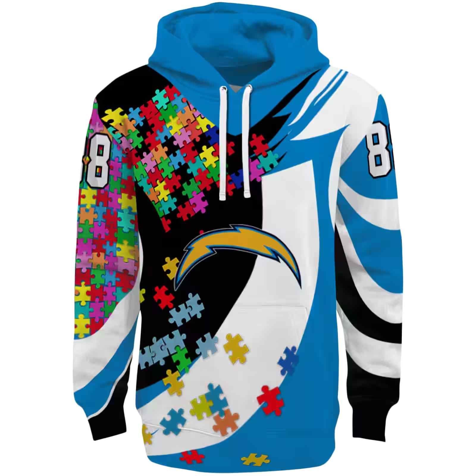 Customized Los Angeles Chargers Puzzle Pieces Blue Hoodie