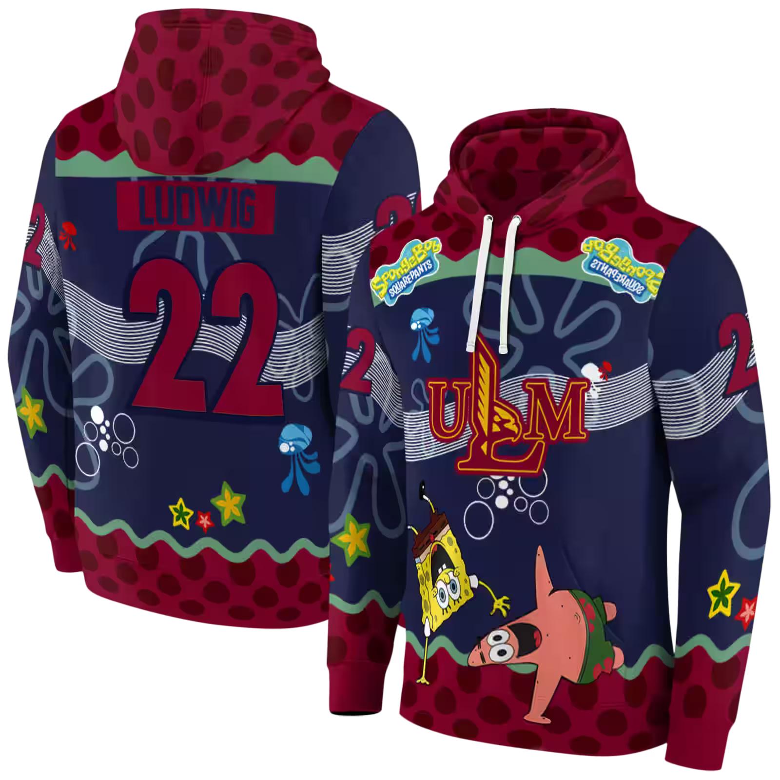 customized louisiana monroe warhawks spongebob patrick star red navy hoodie fashion forward