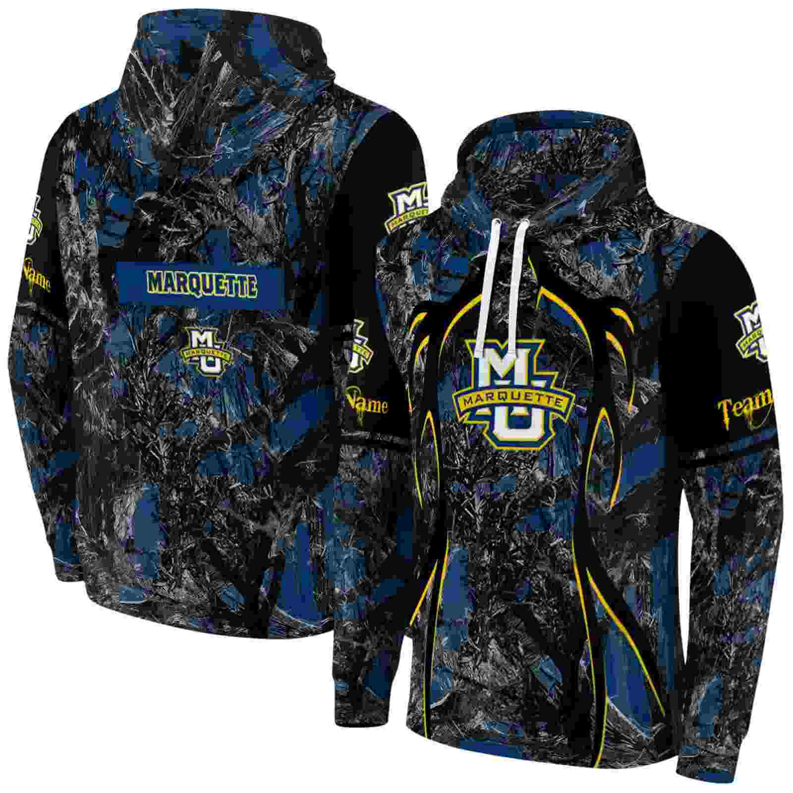 customized marquette golden eagles hunting theme blue black hoodie fashion forward