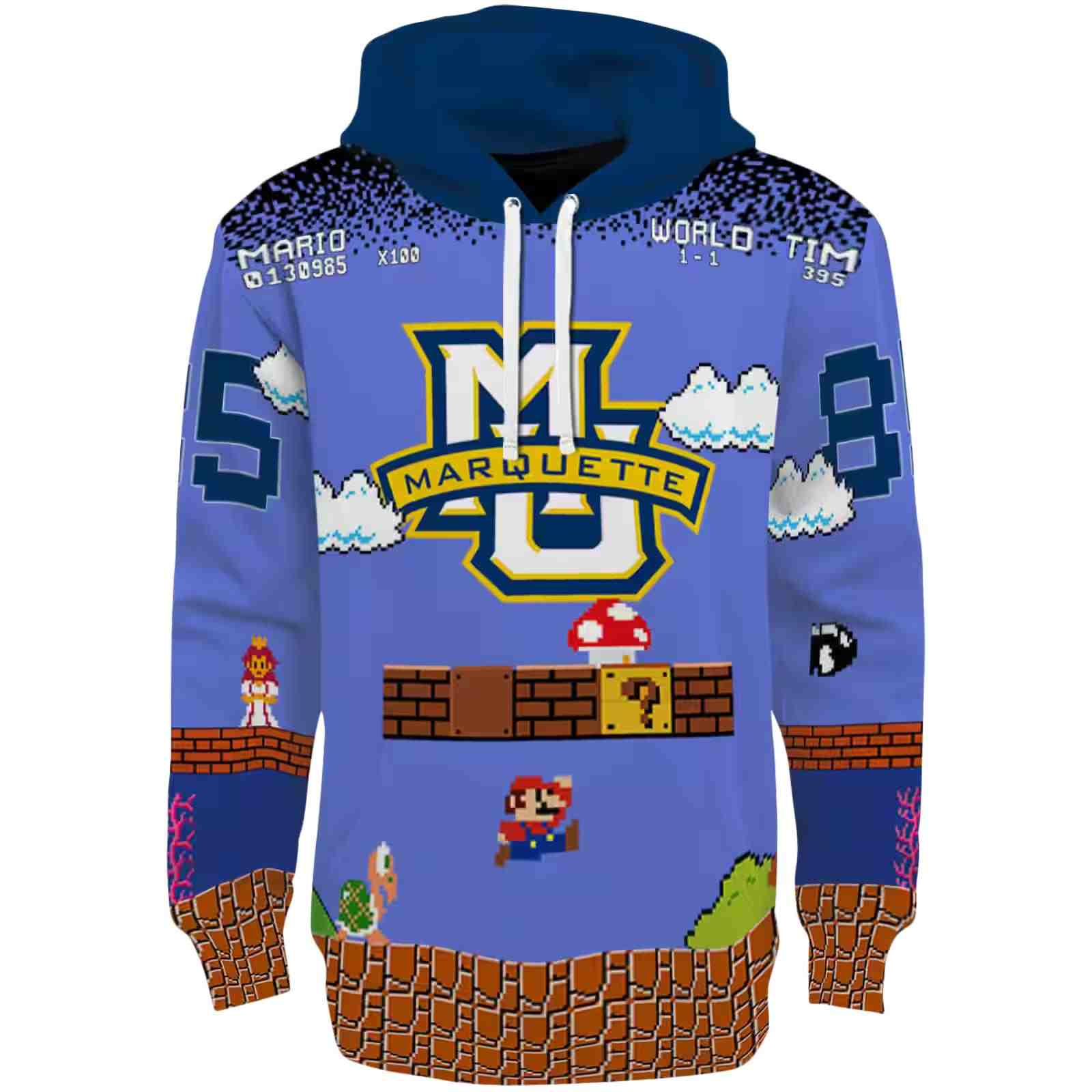 Customized Marquette Golden Eagles Mario Blue Black Hoodie