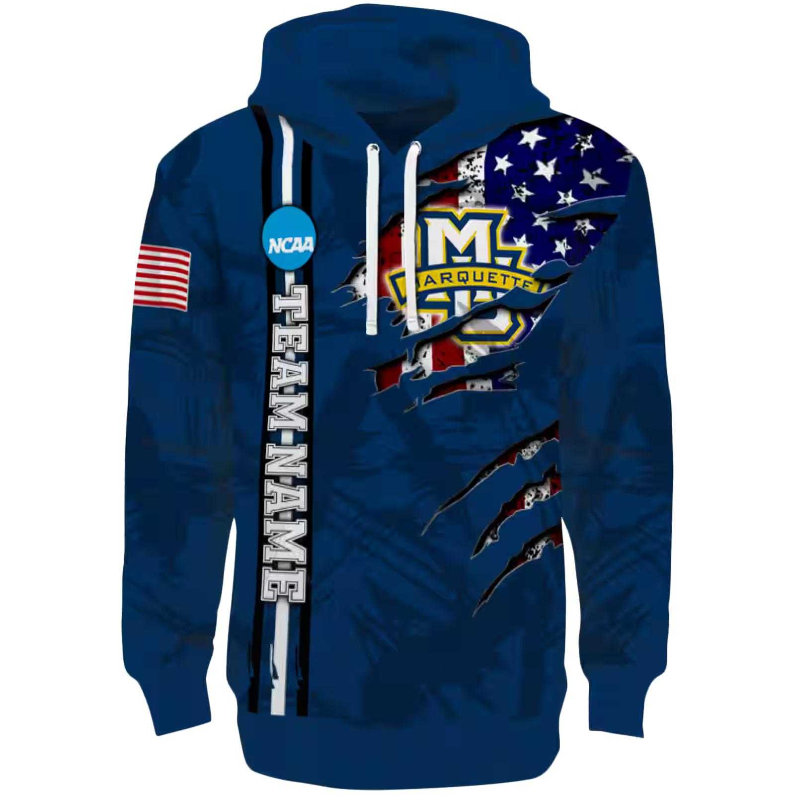 Customized Marquette Golden Eagles Ripped Flag Blue Hoodie