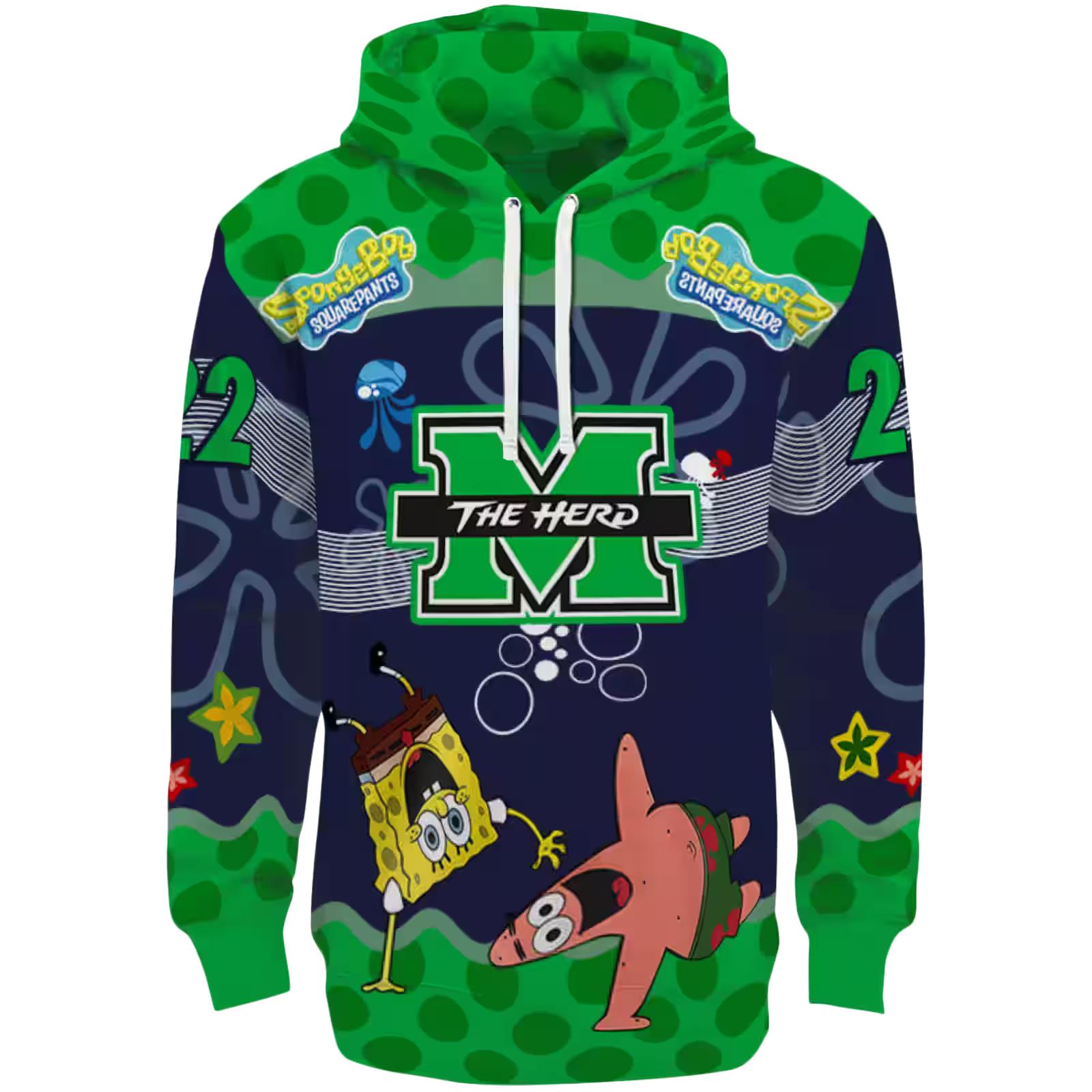 Customized Marshall Thundering Herd Spongebob Patrick Star Green Navy Hoodie