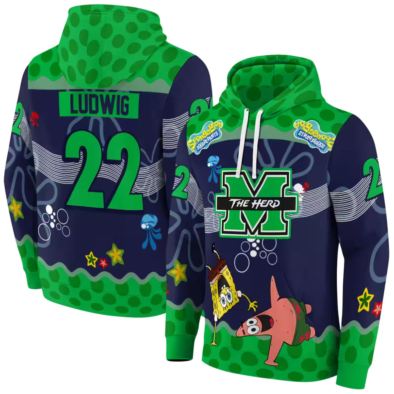 customized marshall thundering herd spongebob patrick star green navy hoodie fashion forward