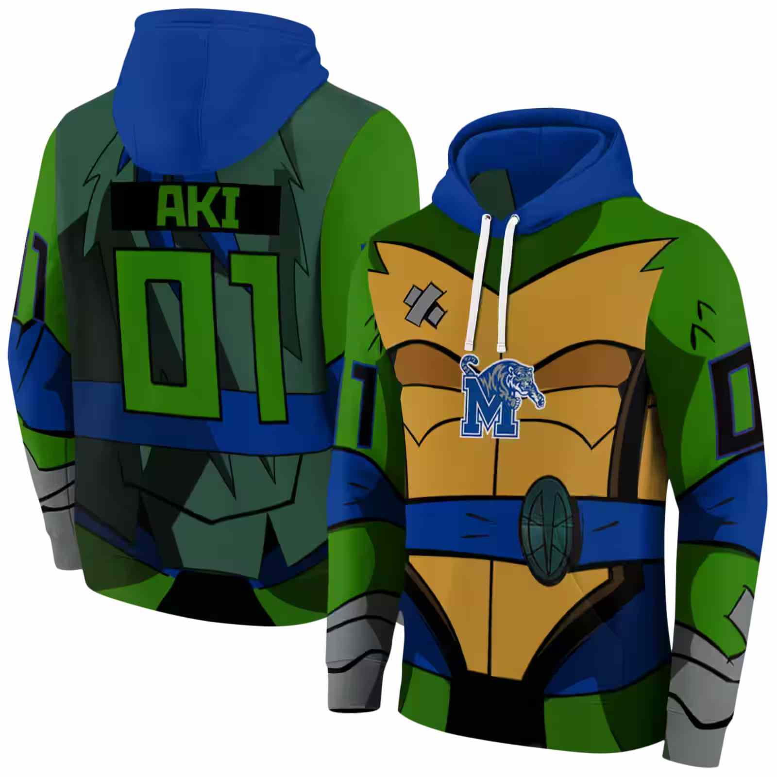 customized memphis tigers superhero armor blue green hoodie fashion forward