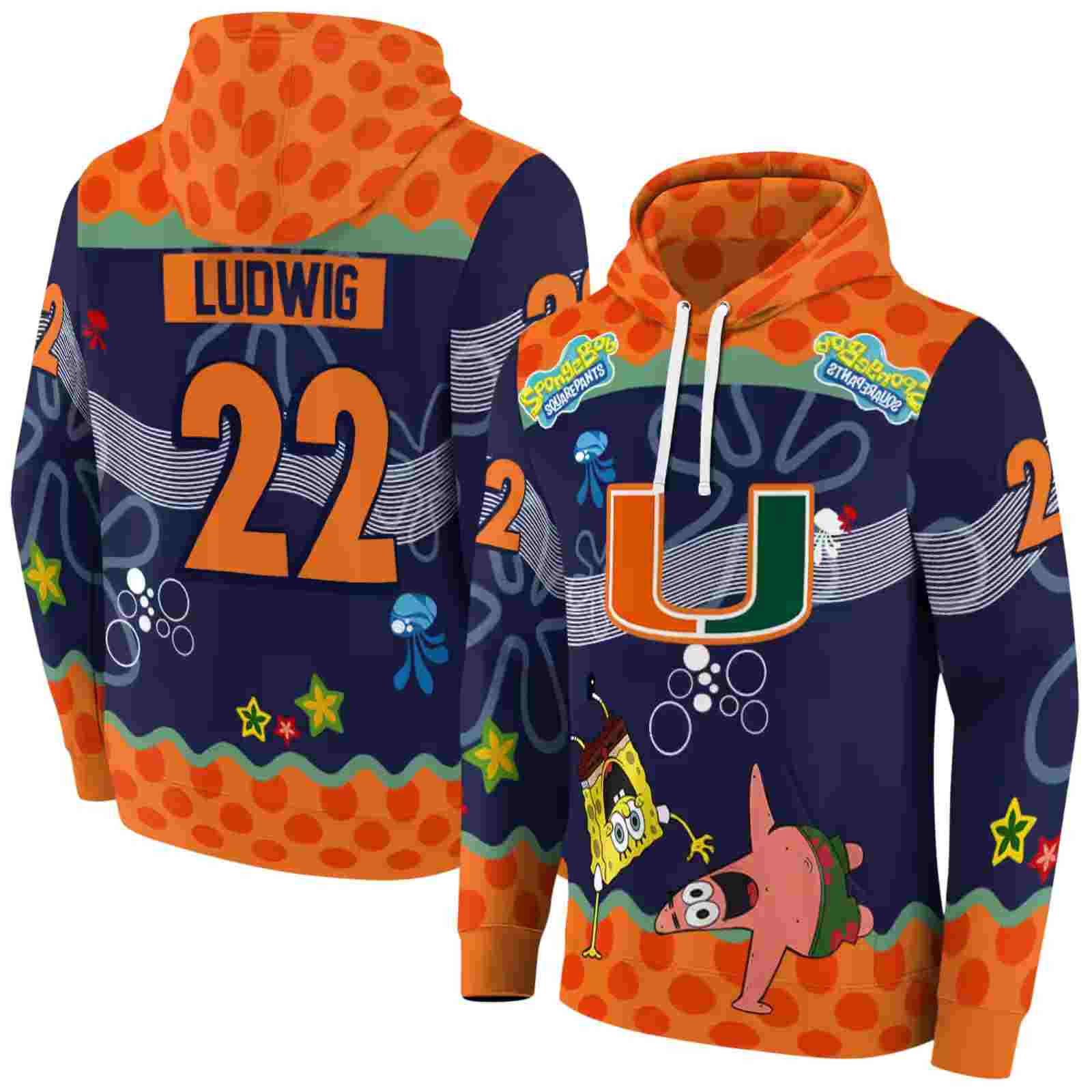 customized miami hurricanes spongebob patrick star orange navy hoodie fashion forward