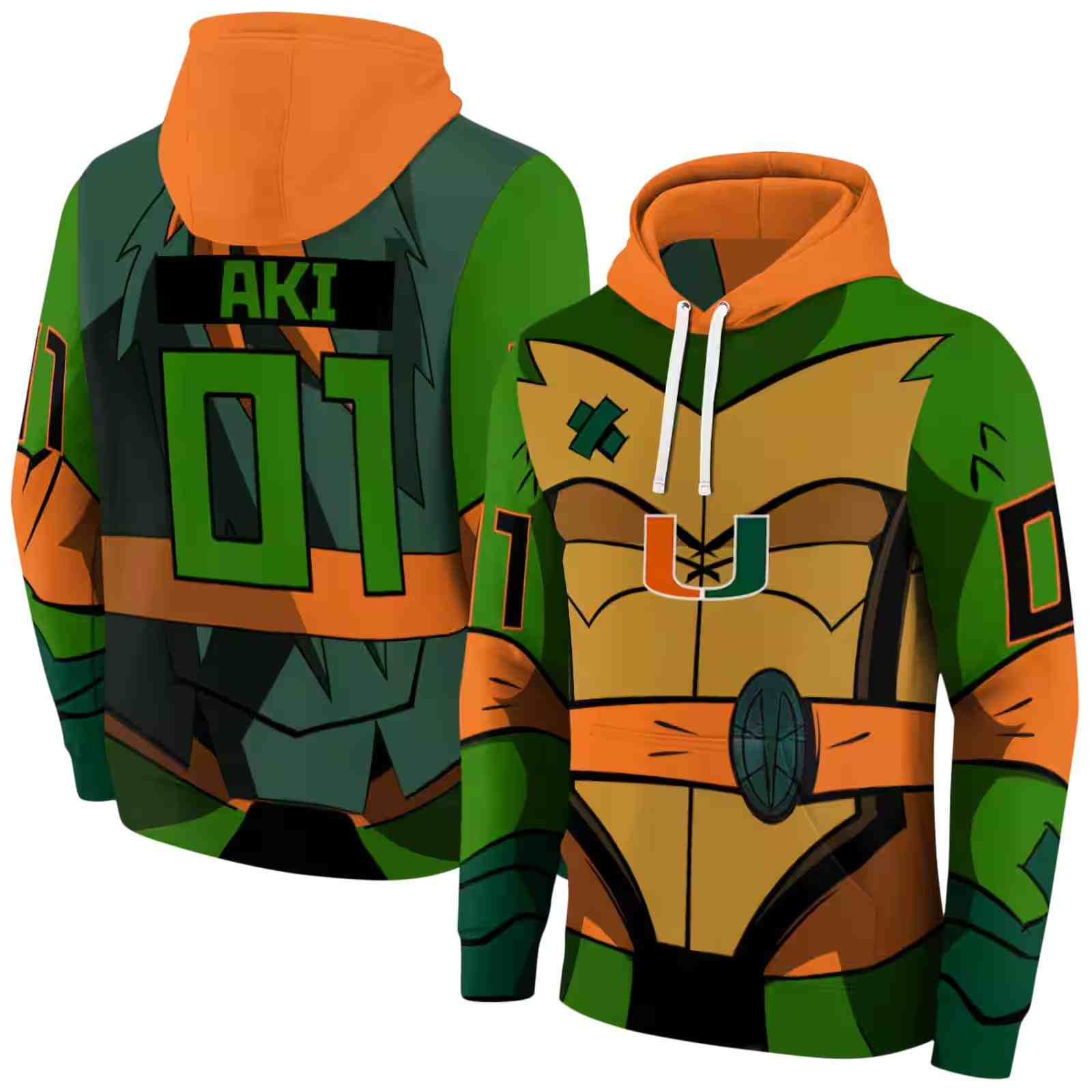 customized miami hurricanes superhero armor orange green hoodie fashion forward