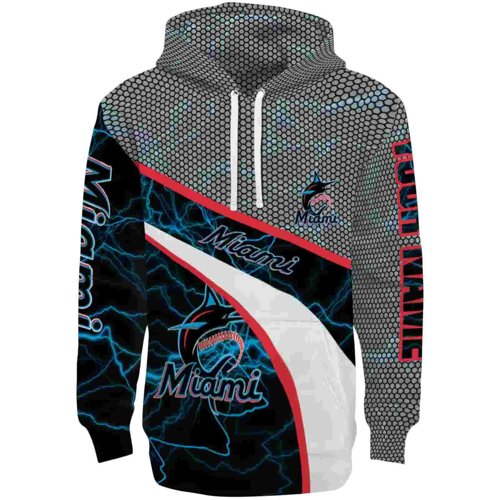 Customized Miami Marlins Hexagonal Mesh Blue Black Gray Hoodie