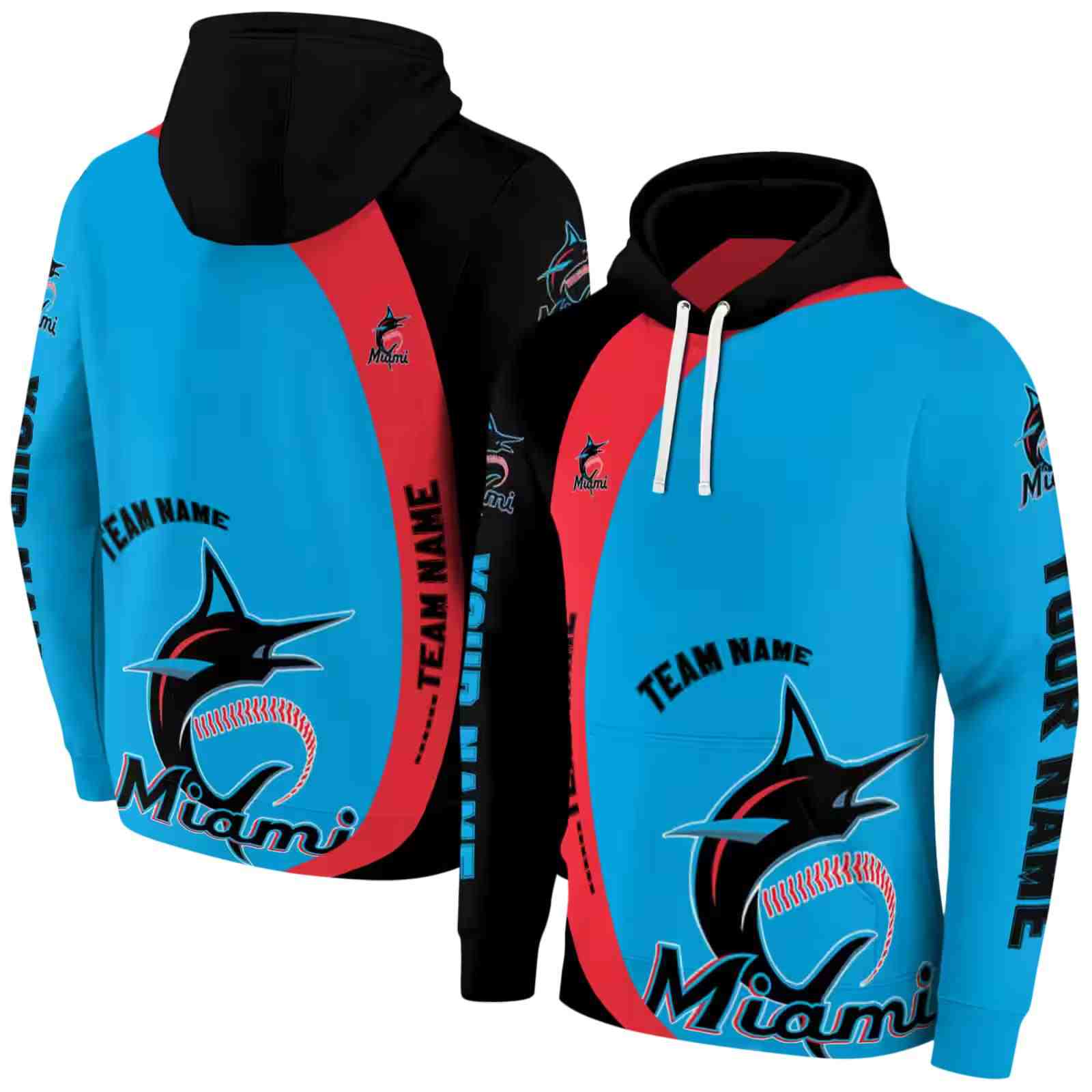 customized miami marlins minimalist design blue black hoodie fashion forward