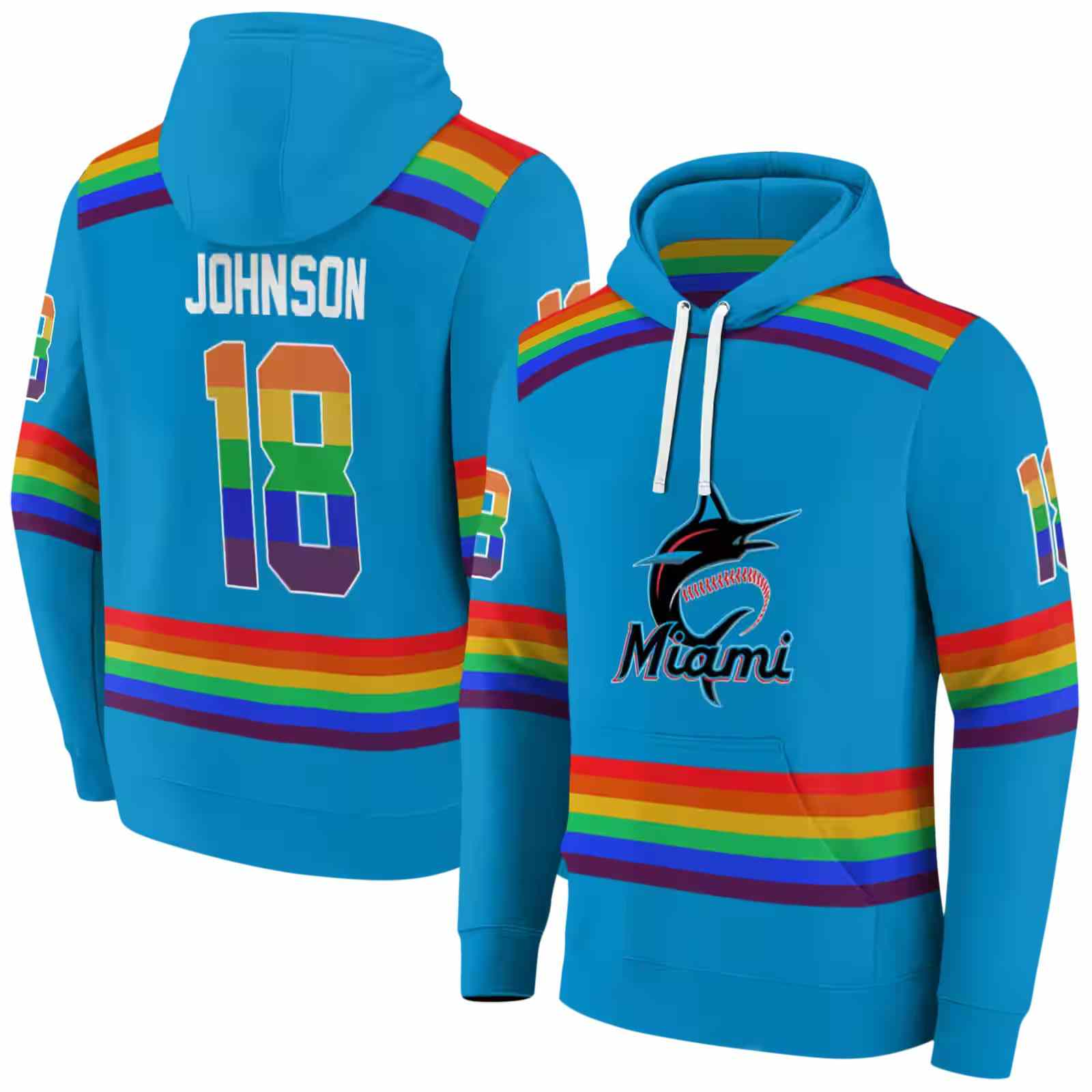 customized miami marlins rainbow stripes blue hoodie fashion forward