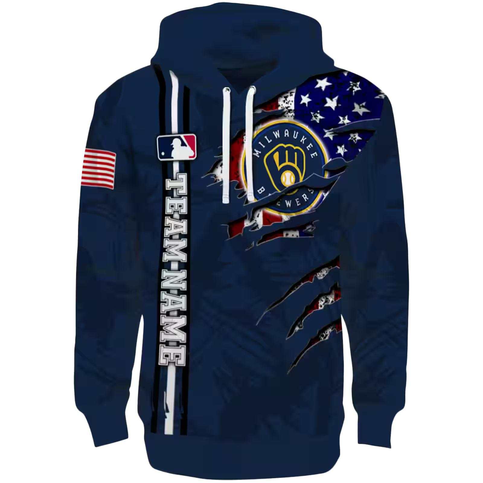 Customized Milwaukee Brewers Ripped Flag Navy Blue Hoodie