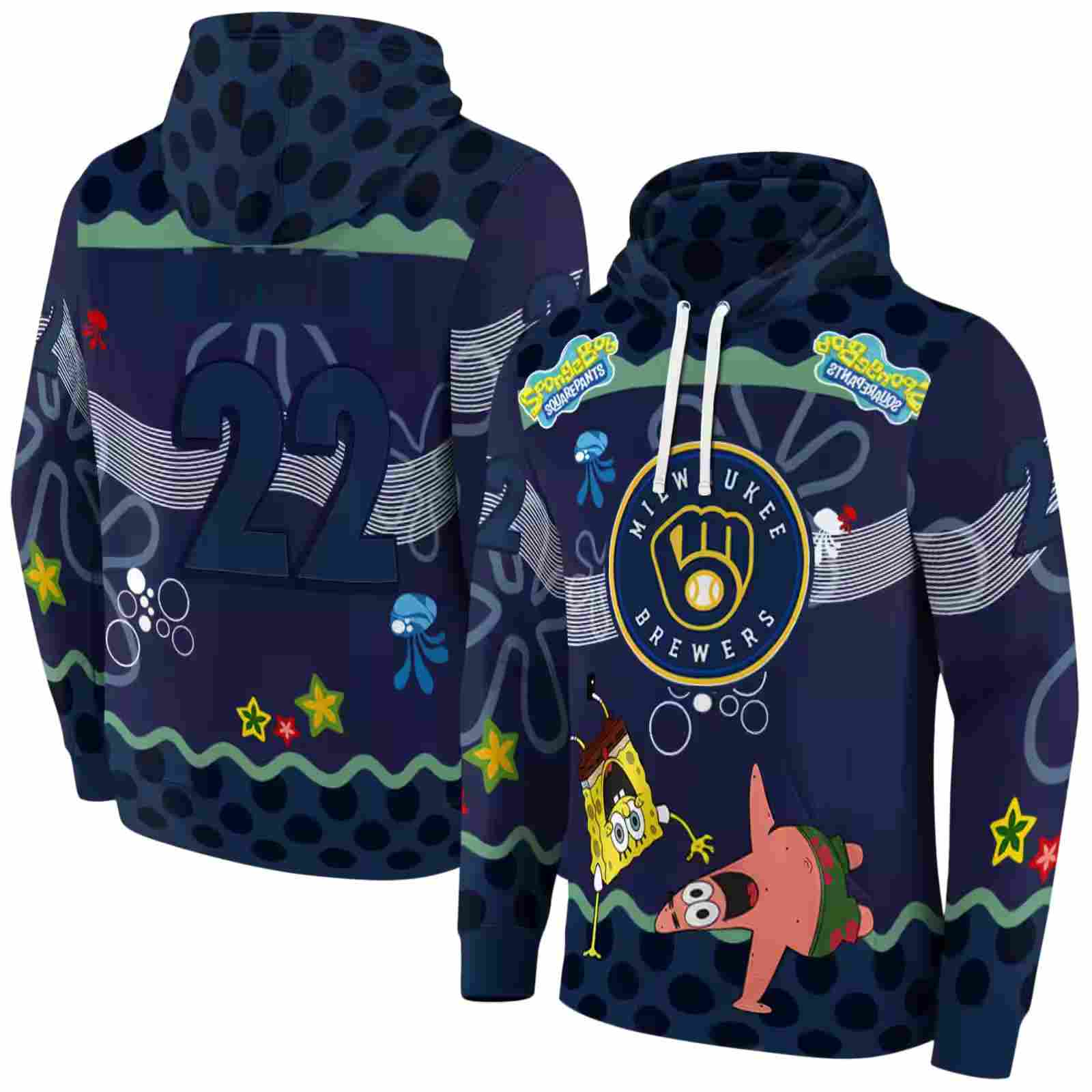 customized milwaukee brewers spongebob patrick star navy blue navy hoodie fashion forward