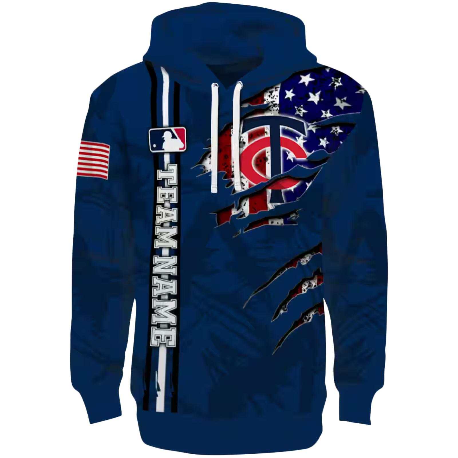 Customized Minnesota Twins Ripped Flag Navy Hoodie