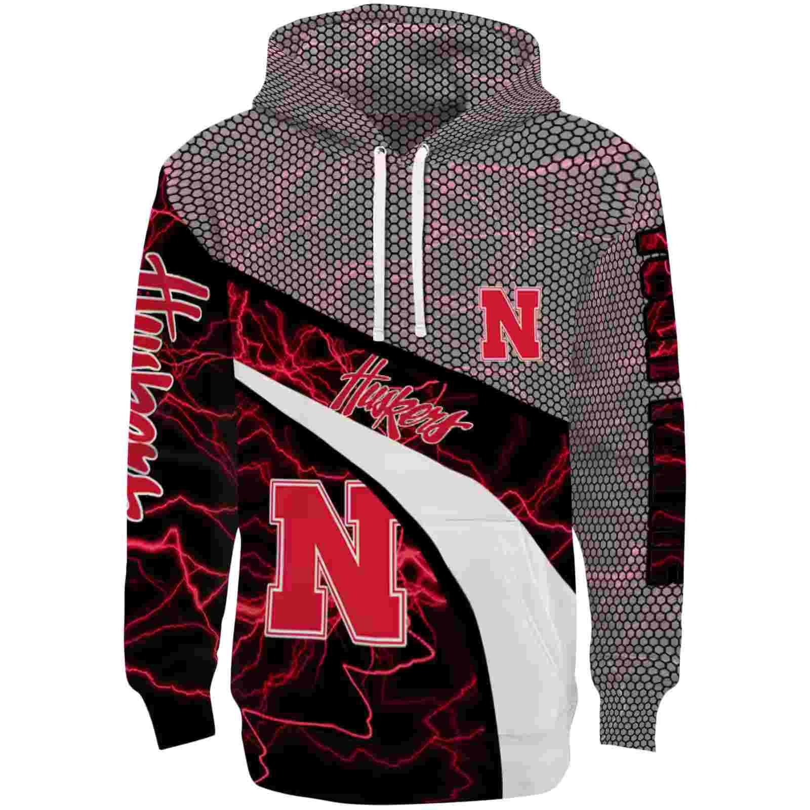 Customized Nebraska Cornhuskers Hexagonal Mesh Red Black Gray Hoodie