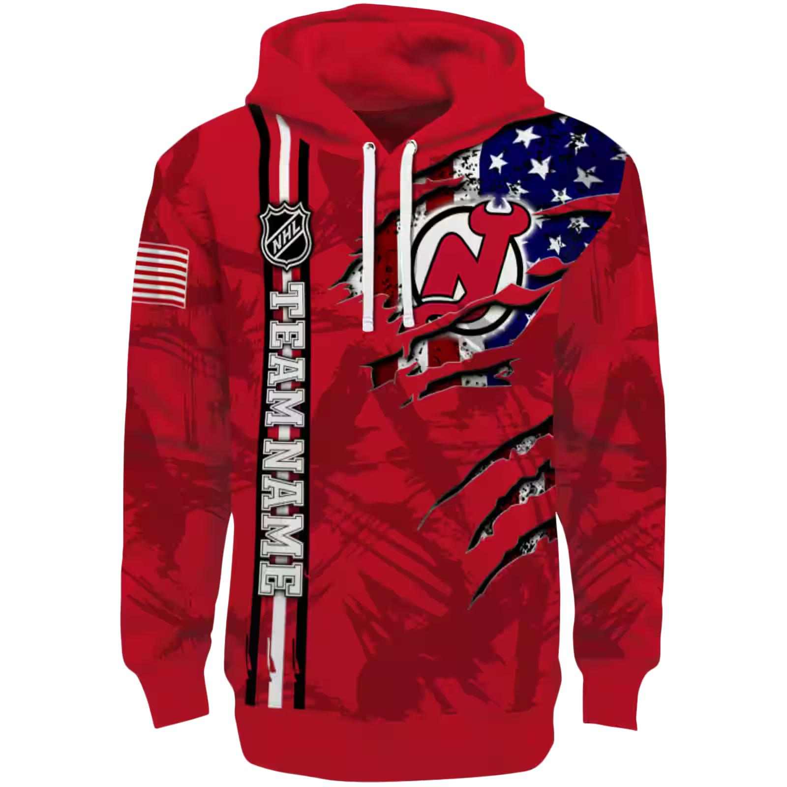 Customized New Jersey Devils Ripped Flag Red Hoodie