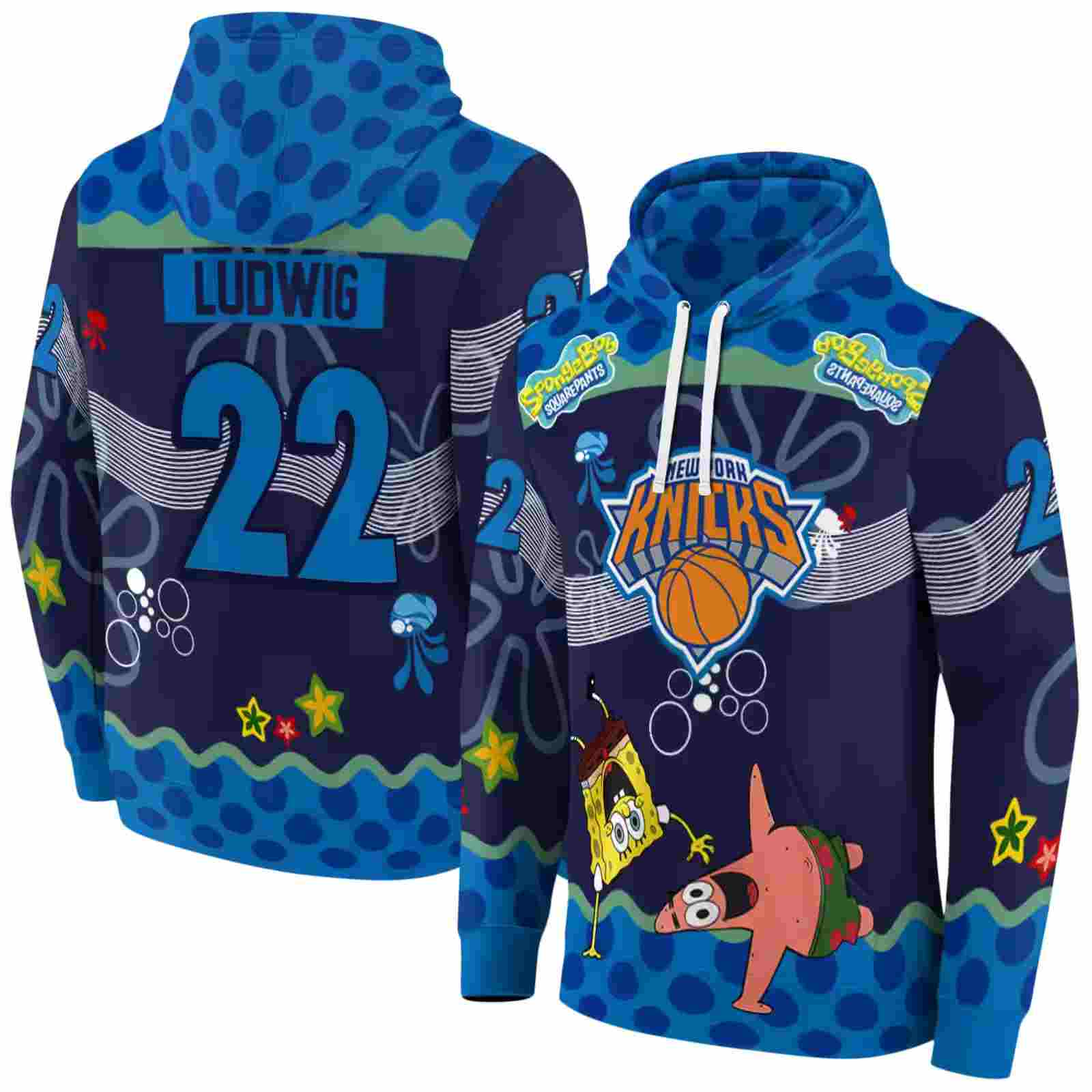 customized new york knicks spongebob patrick star blue navy hoodie fashion forward