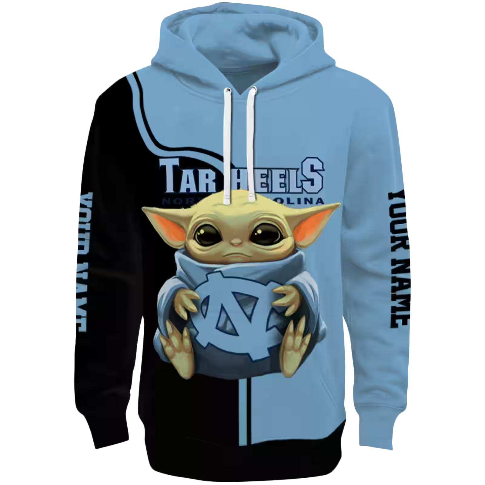 Customized North Carolina Tar Heels Baby Yoda Light Blue Black Hoodie