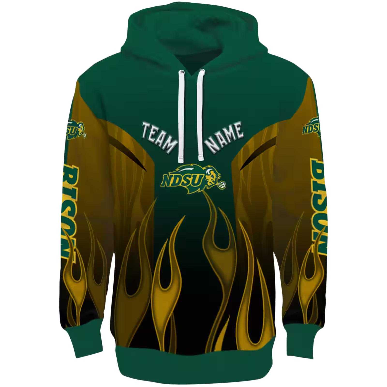 Customized North Dakota State Bison Flame Design Green Hoodie