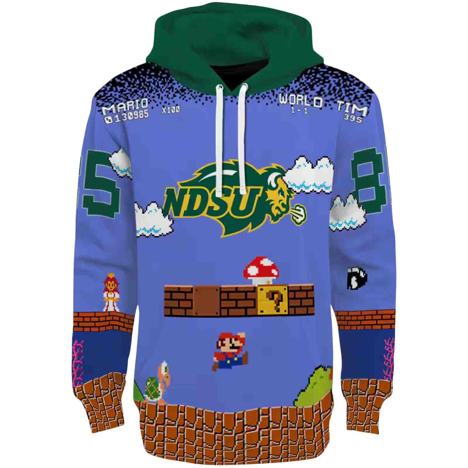 Customized North Dakota State Bison Mario Blue Black Hoodie