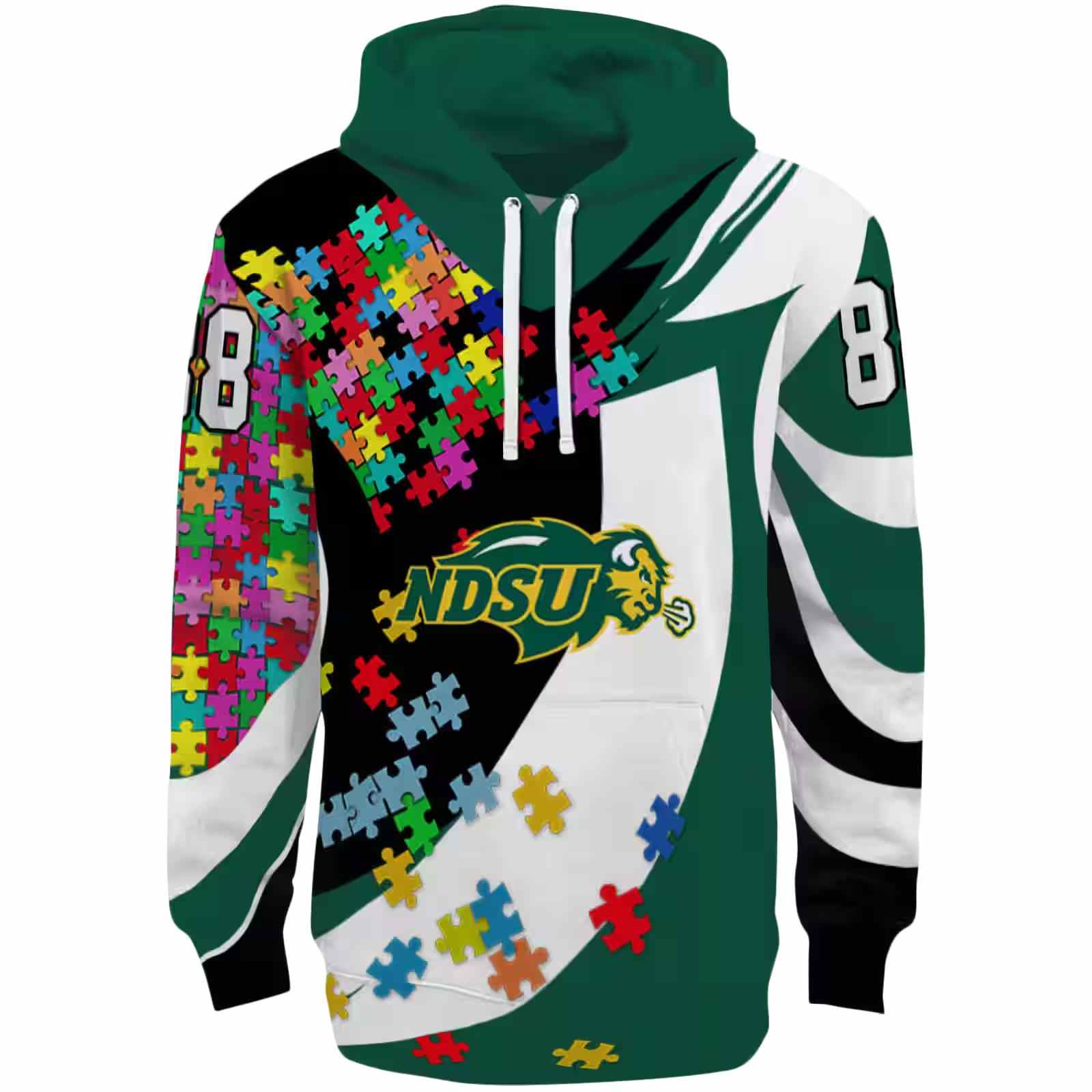 Customized North Dakota State Bison Puzzle Pieces Green Hoodie