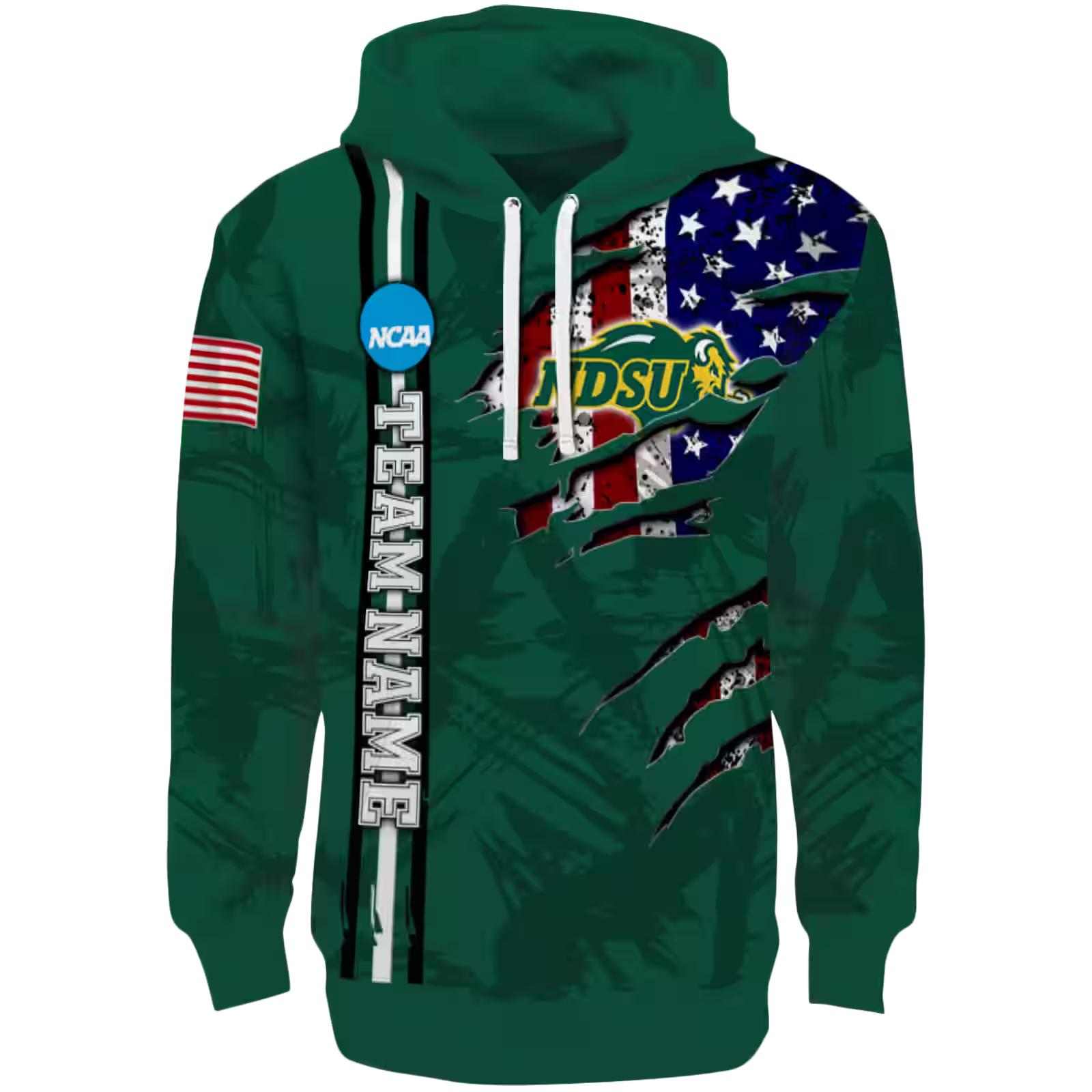 Customized North Dakota State Bison Ripped Flag Green Hoodie