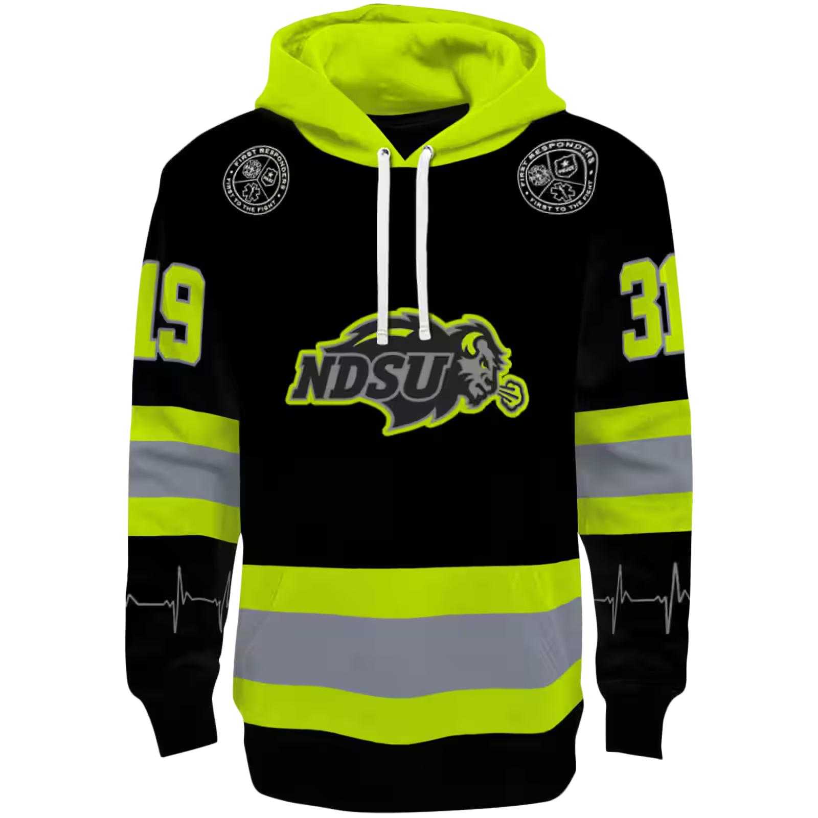 Customized North Dakota State Bison Safety Motif Black Neon Green Hoodie