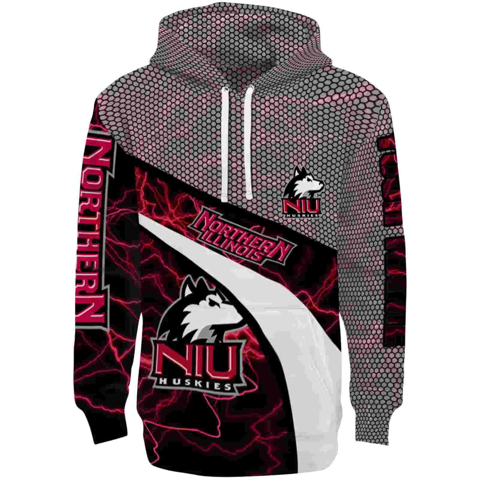 Customized Northern Illinois Huskies Hexagonal Mesh Red Black Gray Hoodie